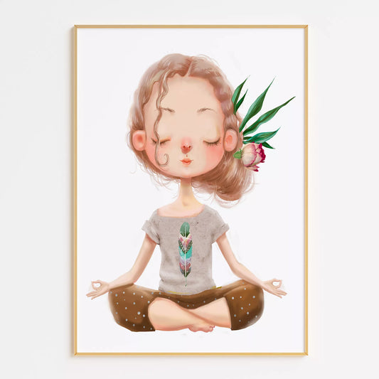 ヨガガールと花柄の北欧スタイルキッズアートポスター