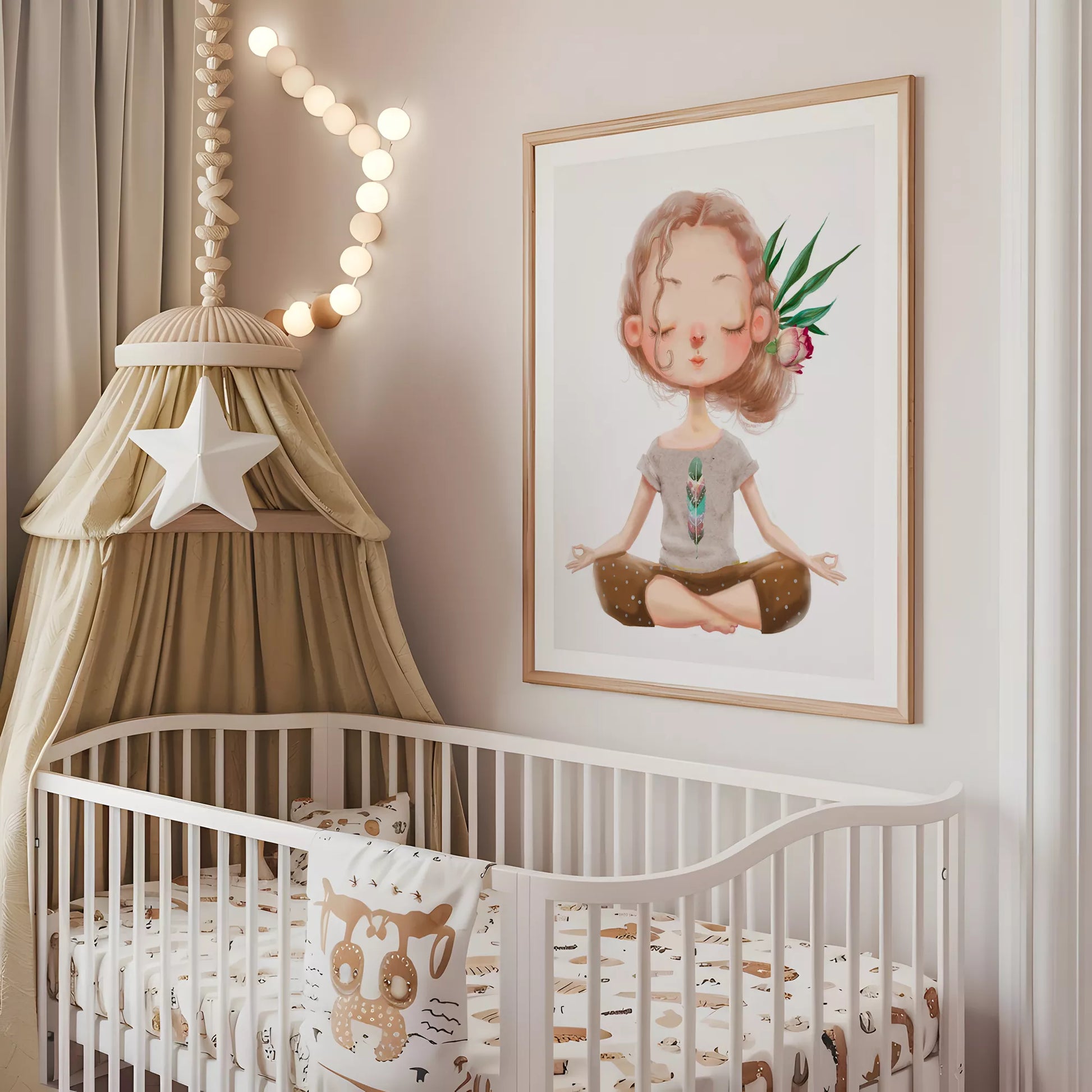 ヨガガールと花柄の北欧スタイルキッズアートポスター