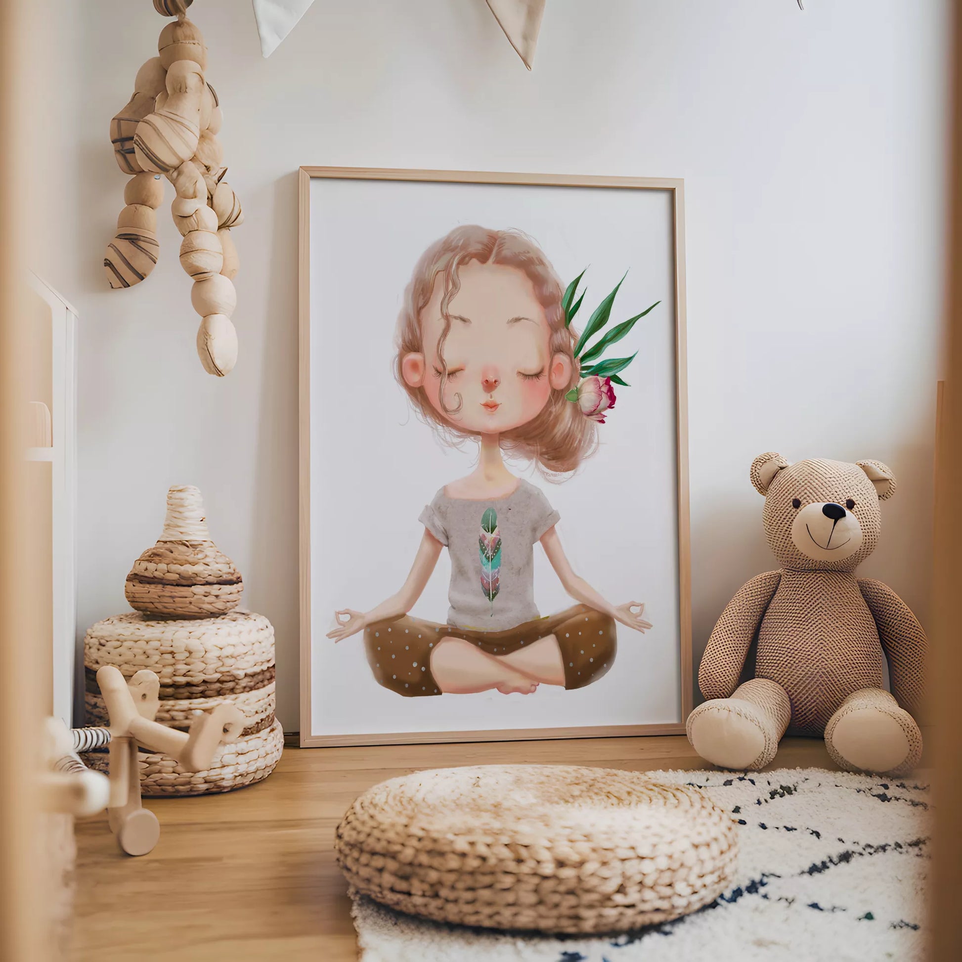 ヨガガールと花柄の北欧スタイルキッズアートポスター