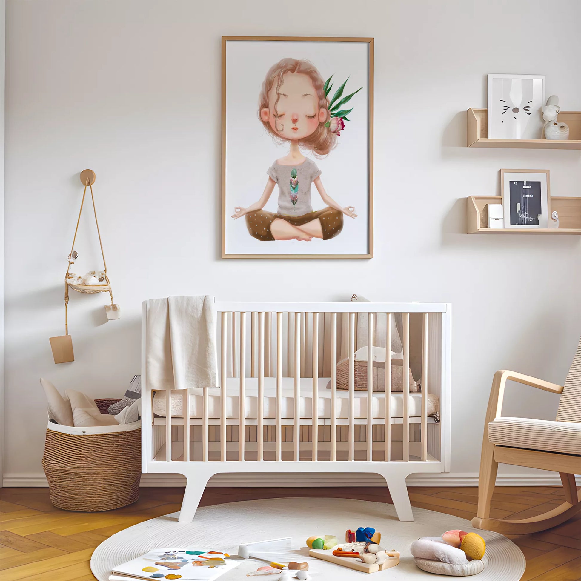 ヨガガールと花柄の北欧スタイルキッズアートポスター