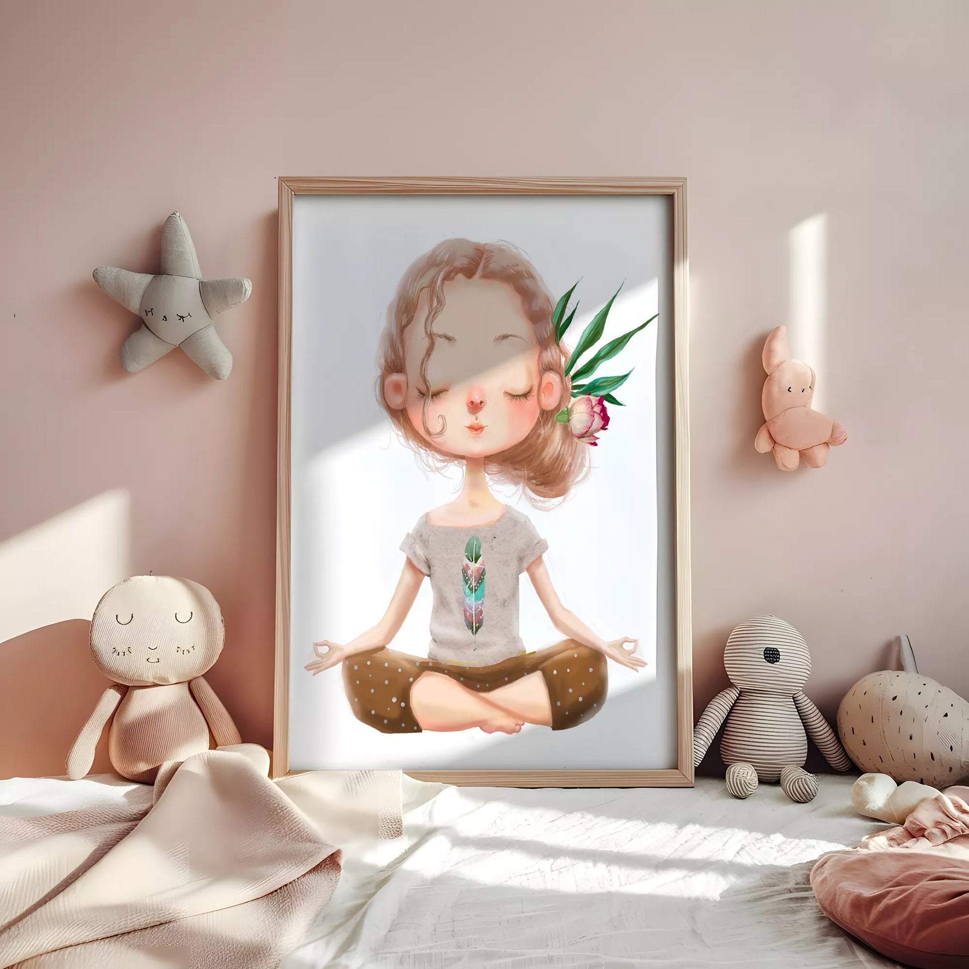 ヨガガールと花柄の北欧スタイルキッズアートポスター