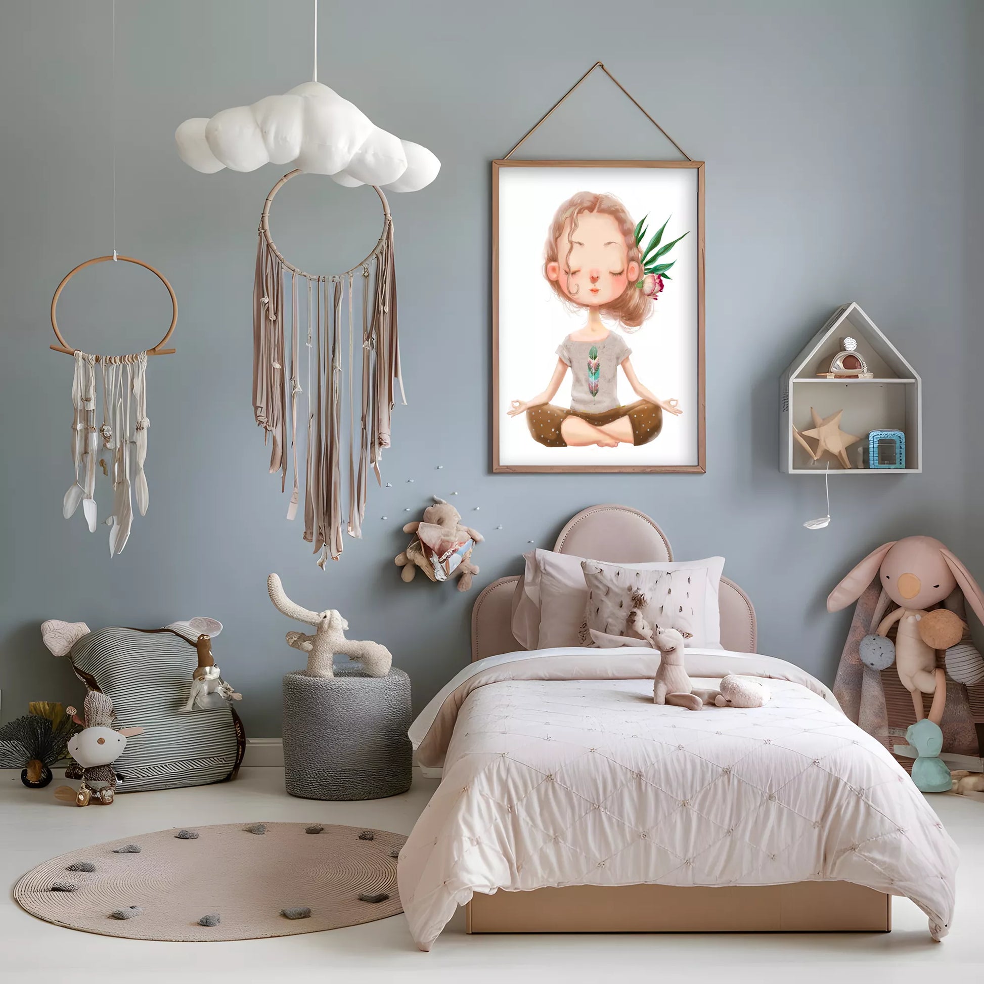 ヨガガールと花柄の北欧スタイルキッズアートポスター