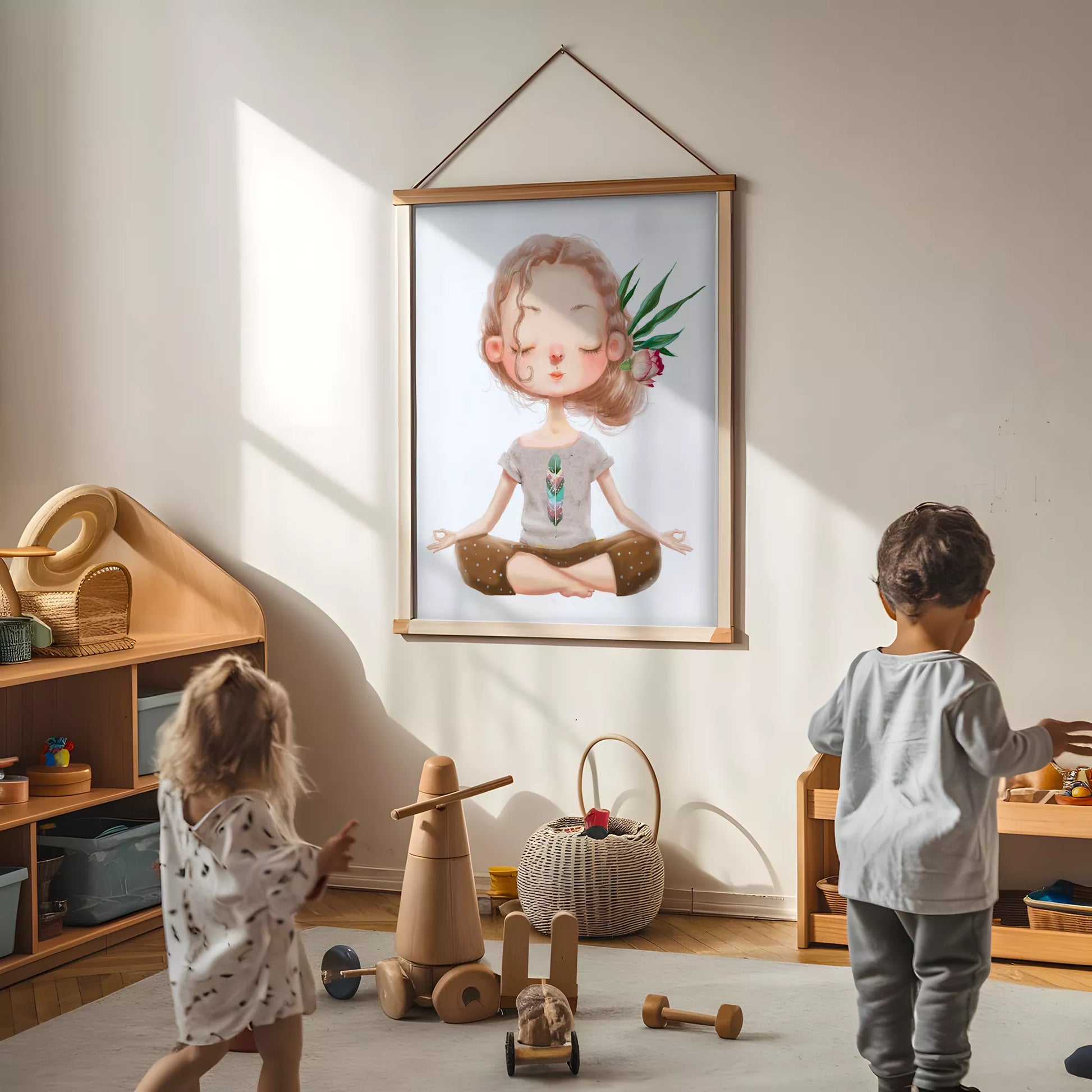 ヨガガールと花柄の北欧スタイルキッズアートポスター