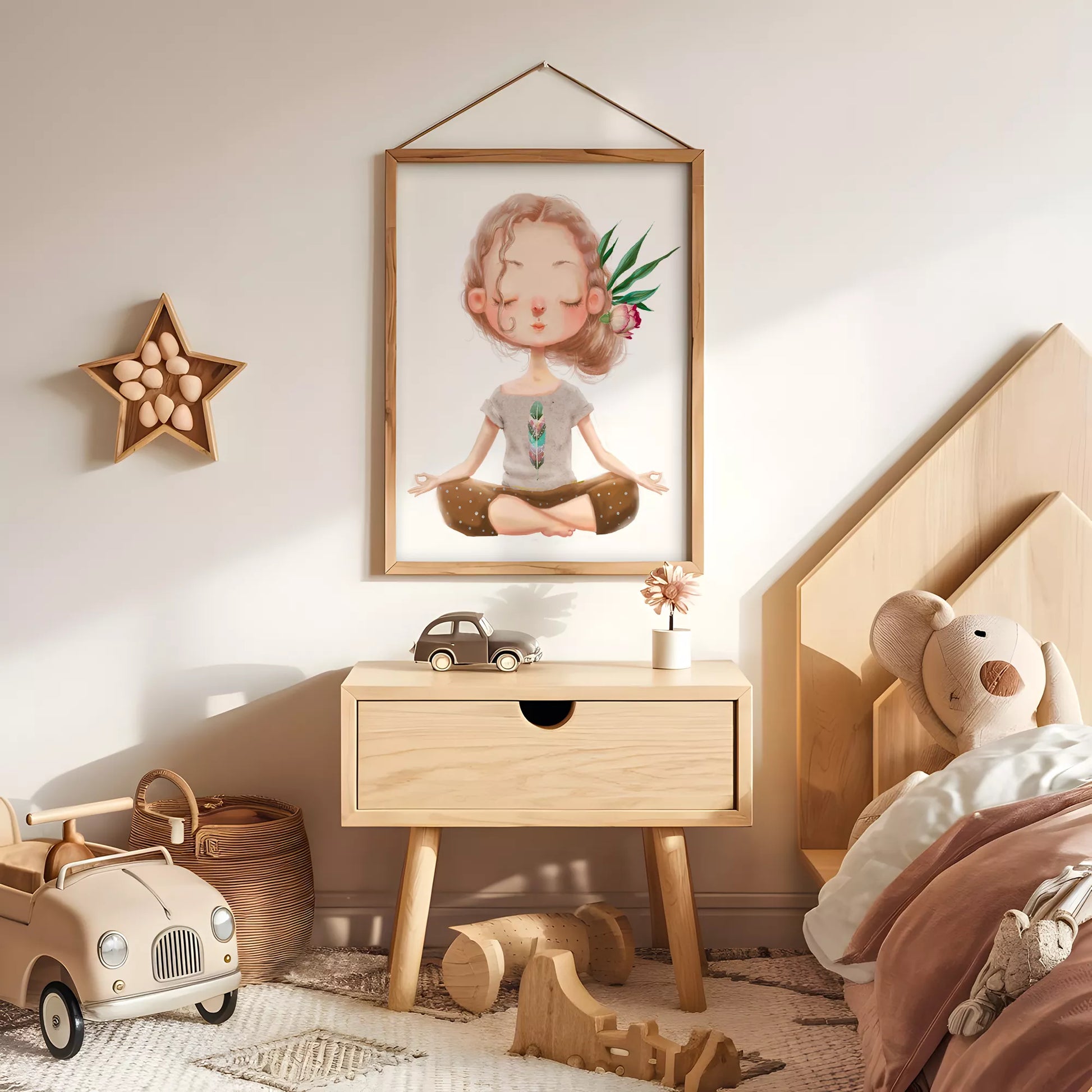ヨガガールと花柄の北欧スタイルキッズアートポスター