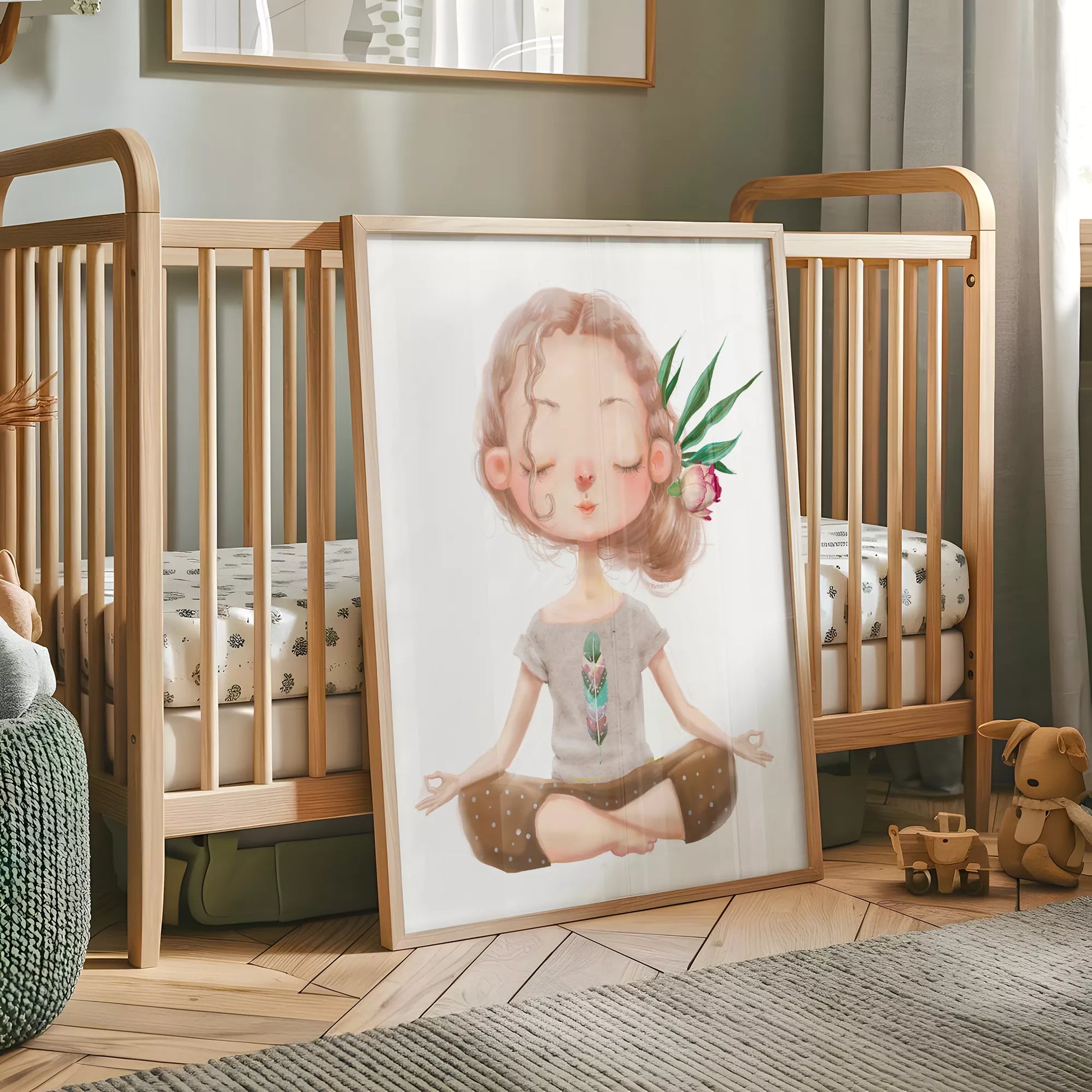ヨガガールと花柄の北欧スタイルキッズアートポスター