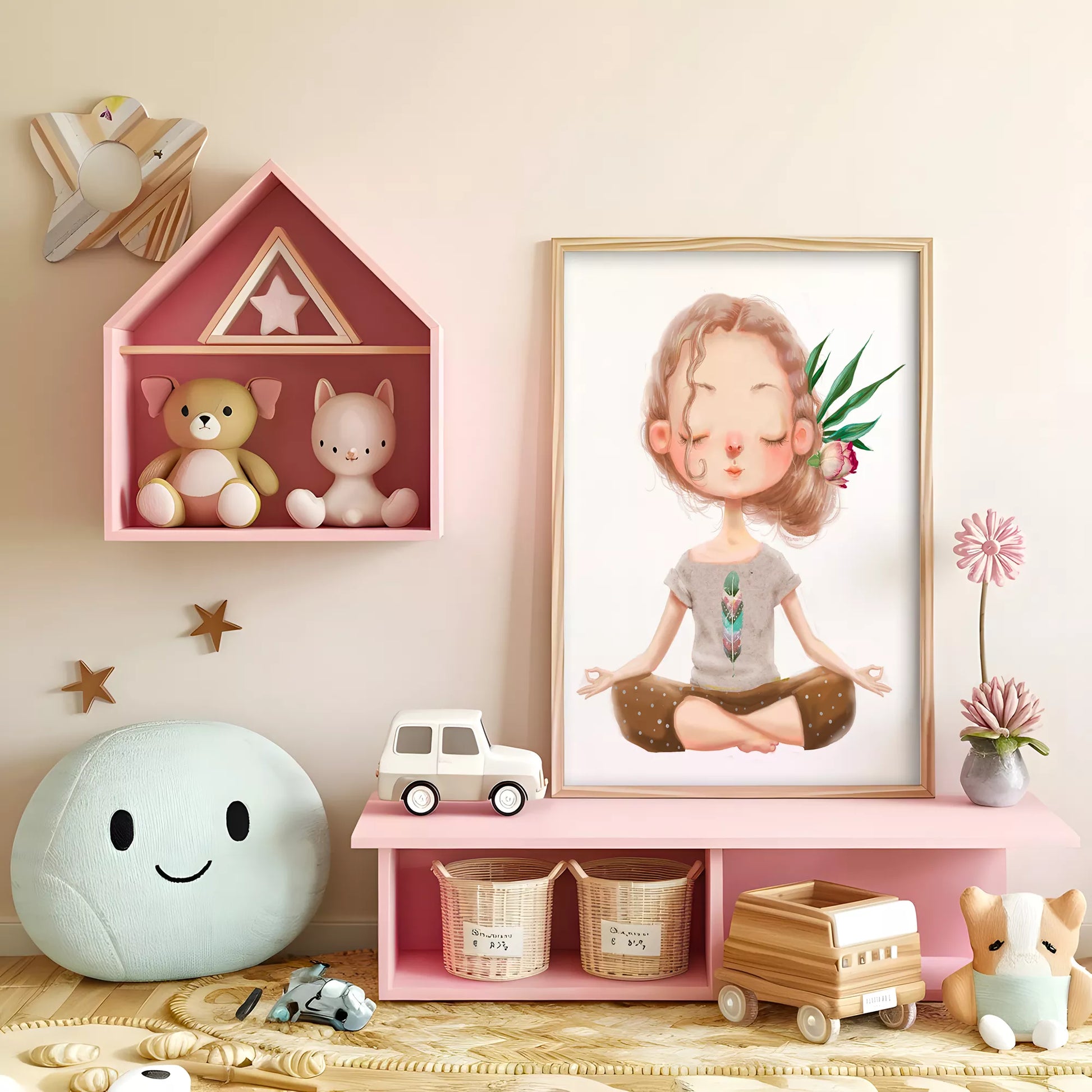 ヨガガールと花柄の北欧スタイルキッズアートポスター