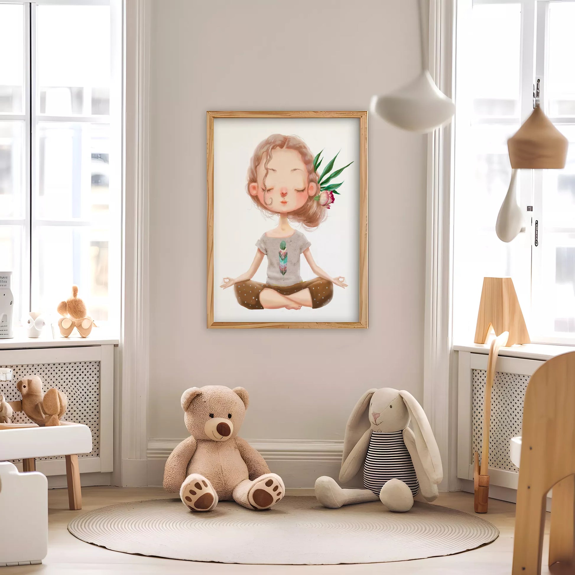 ヨガガールと花柄の北欧スタイルキッズアートポスター