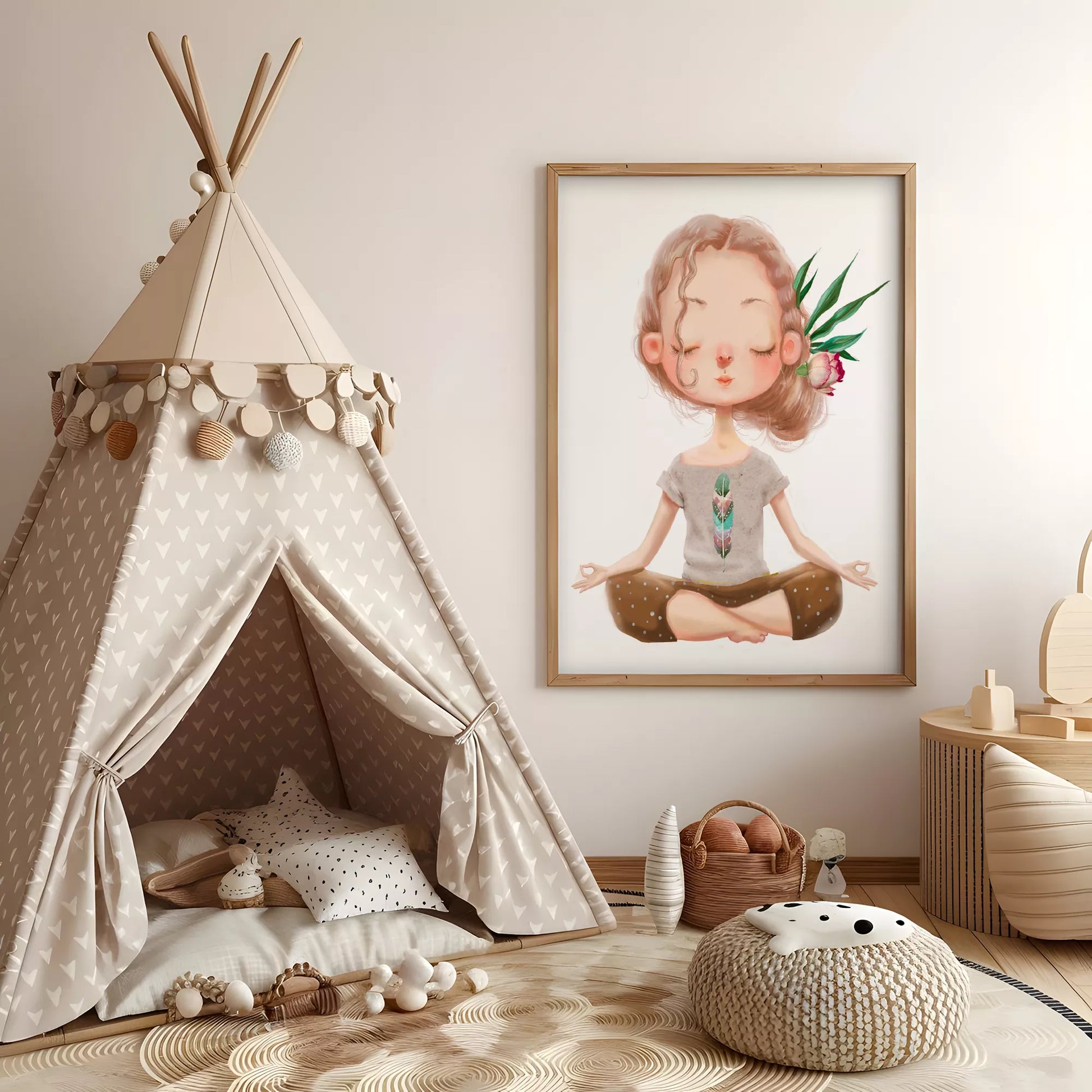 ヨガガールと花柄の北欧スタイルキッズアートポスター
