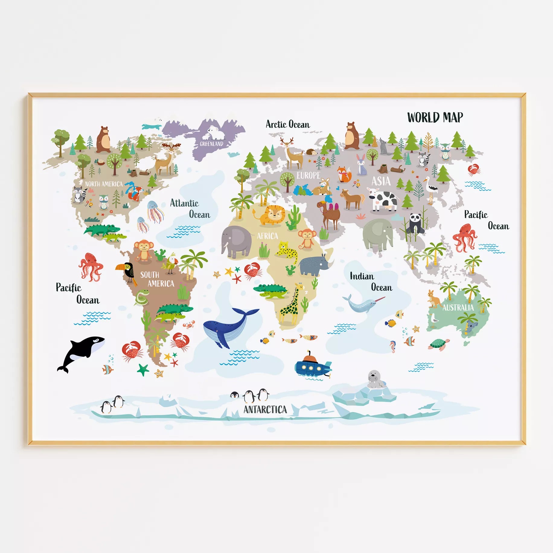 子供向け世界地図ポスター、大陸ごとの動物イラスト入り知育インテリア