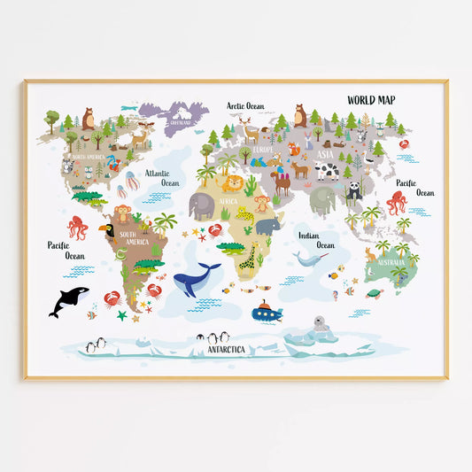 子供向け世界地図ポスター、大陸ごとの動物イラスト入り知育インテリア