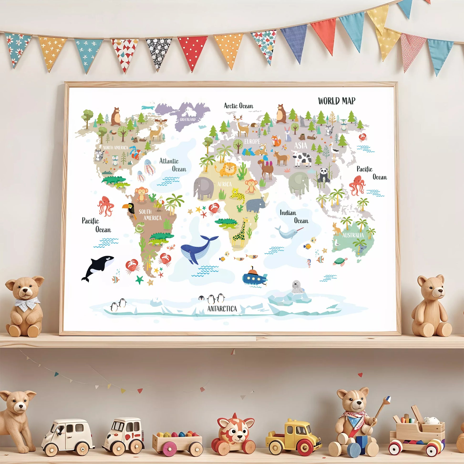 子供向け世界地図ポスター、大陸ごとの動物イラスト入り知育インテリア