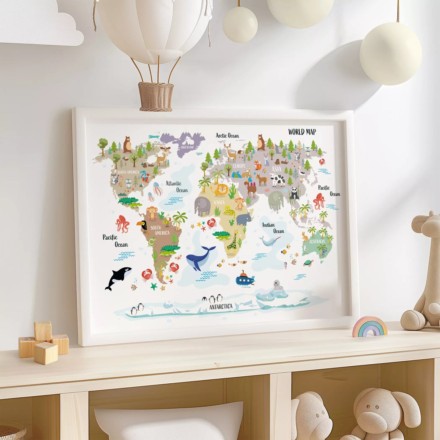 子供向け世界地図ポスター、大陸ごとの動物イラスト入り知育インテリア