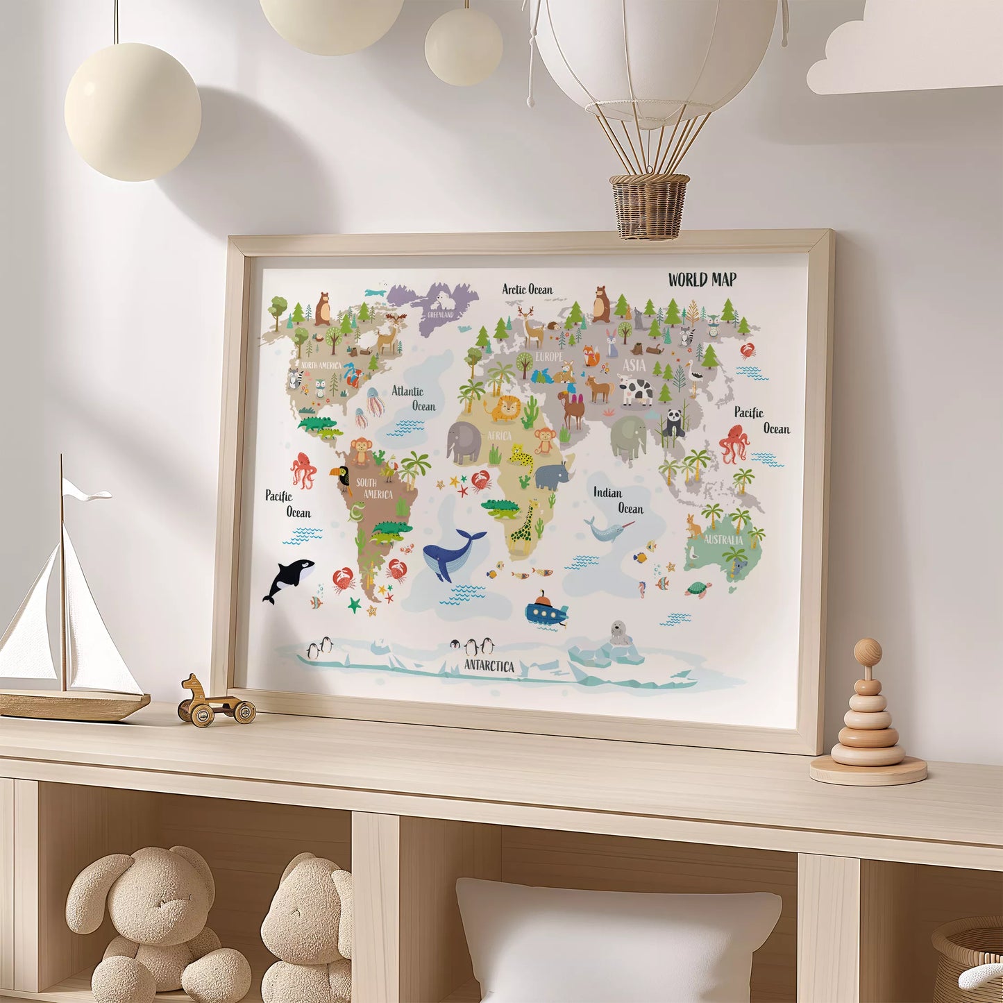 子供向け世界地図ポスター、大陸ごとの動物イラスト入り知育インテリア