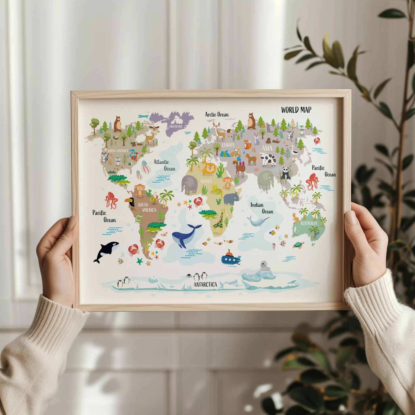 子供向け世界地図ポスター、大陸ごとの動物イラスト入り知育インテリア