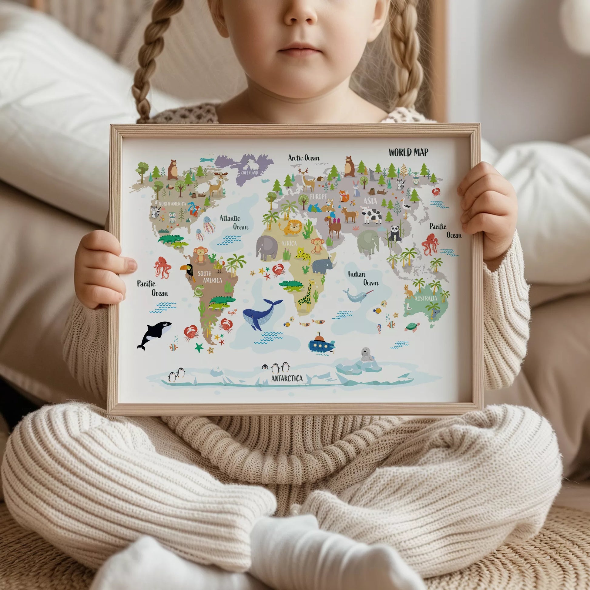 子供向け世界地図ポスター、大陸ごとの動物イラスト入り知育インテリア