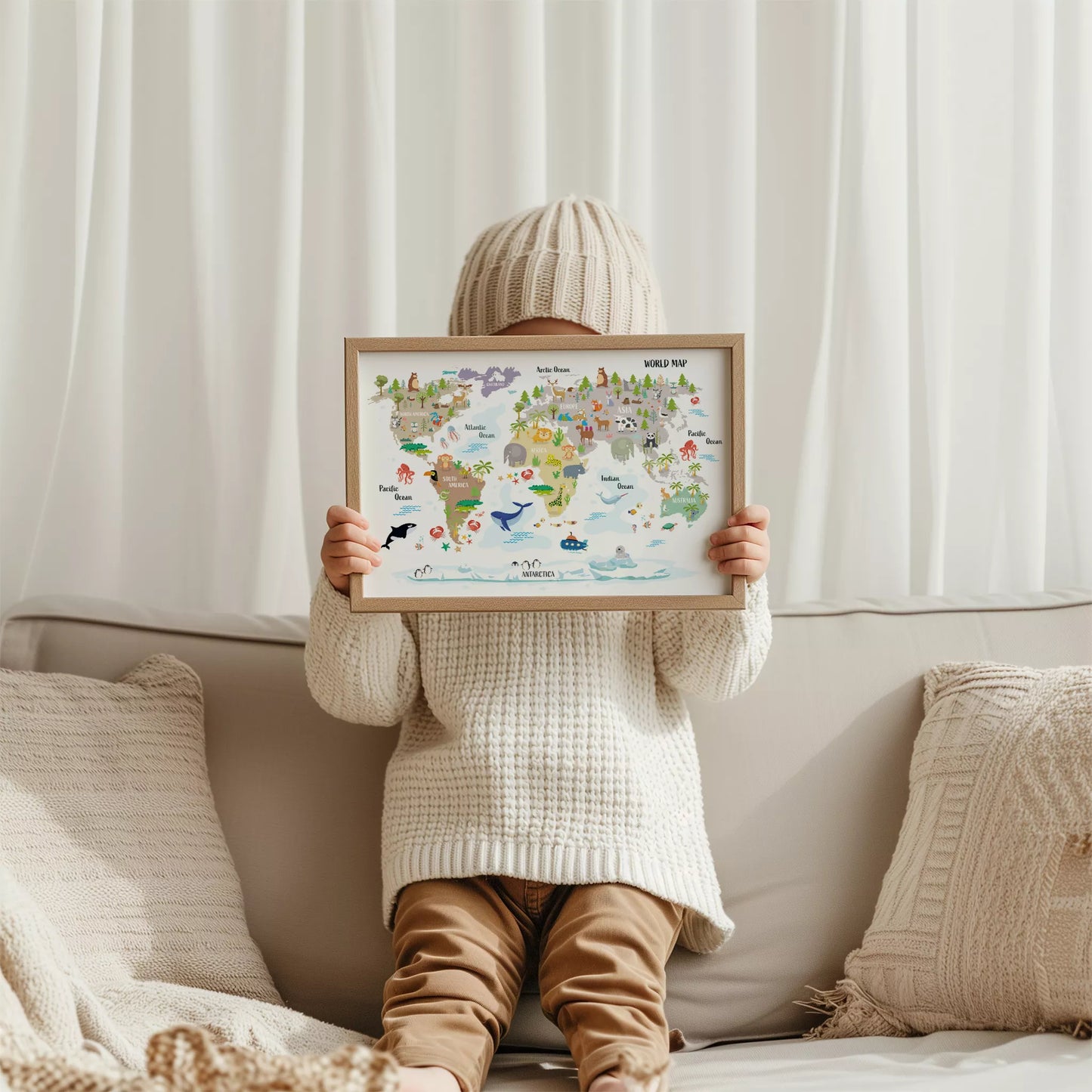 子供向け世界地図ポスター、大陸ごとの動物イラスト入り知育インテリア