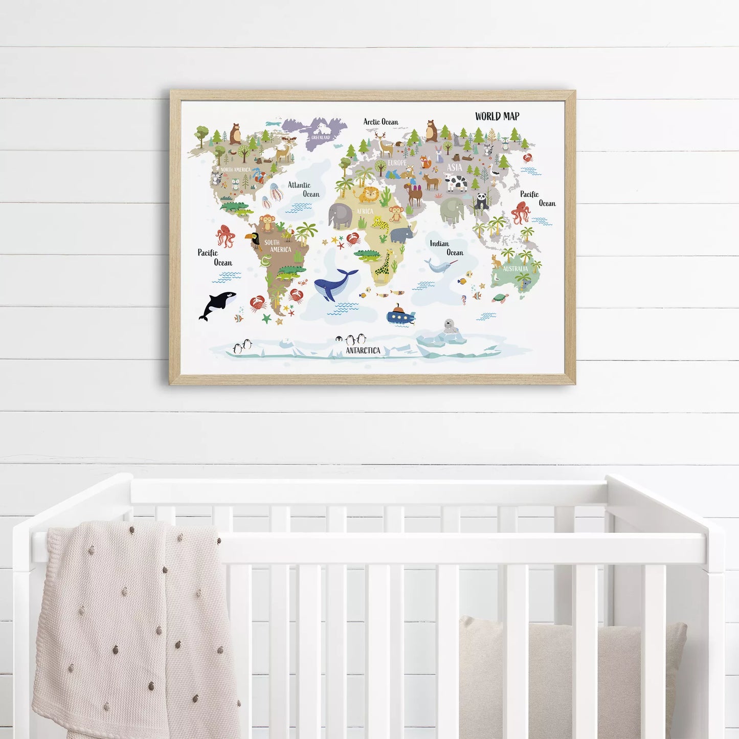 子供向け世界地図ポスター、大陸ごとの動物イラスト入り知育インテリア