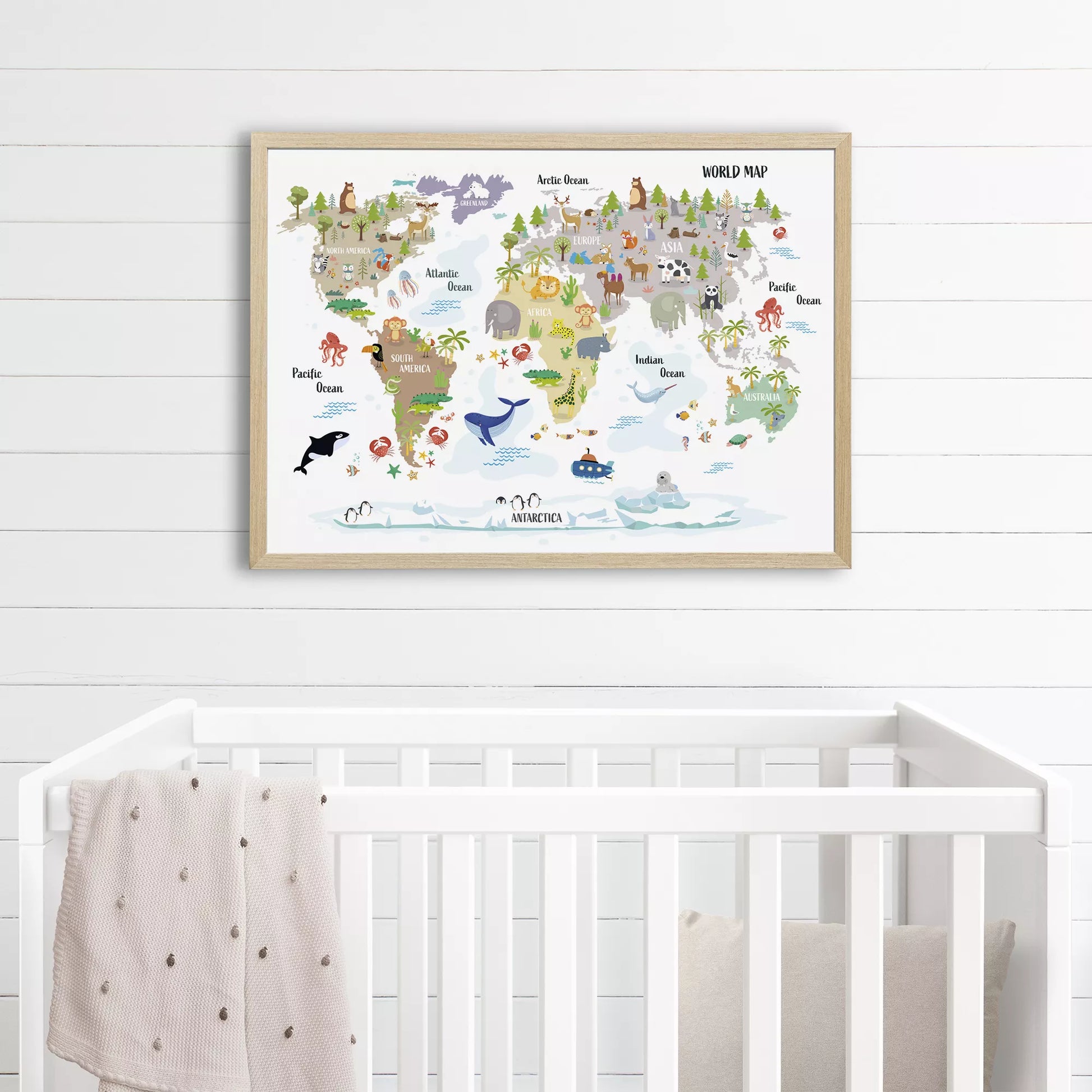子供向け世界地図ポスター、大陸ごとの動物イラスト入り知育インテリア