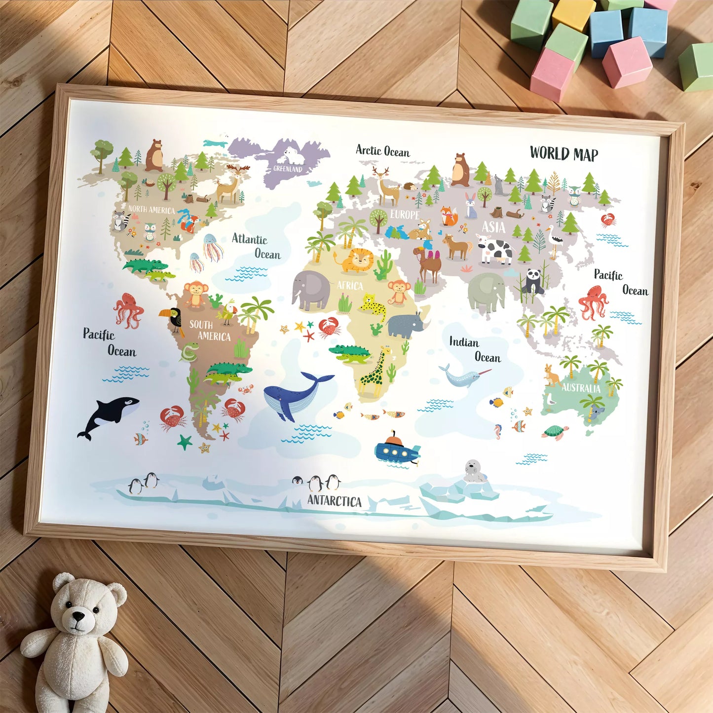 子供向け世界地図ポスター、大陸ごとの動物イラスト入り知育インテリア