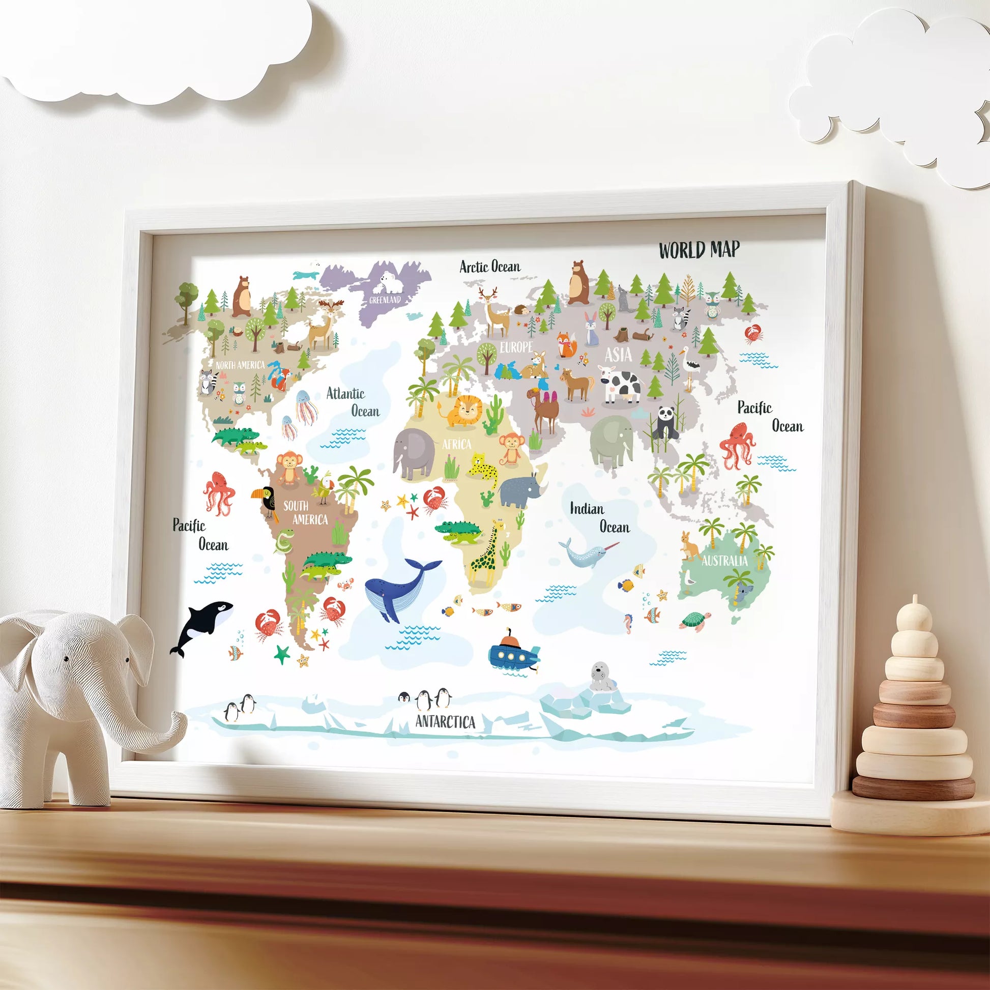 子供向け世界地図ポスター、大陸ごとの動物イラスト入り知育インテリア