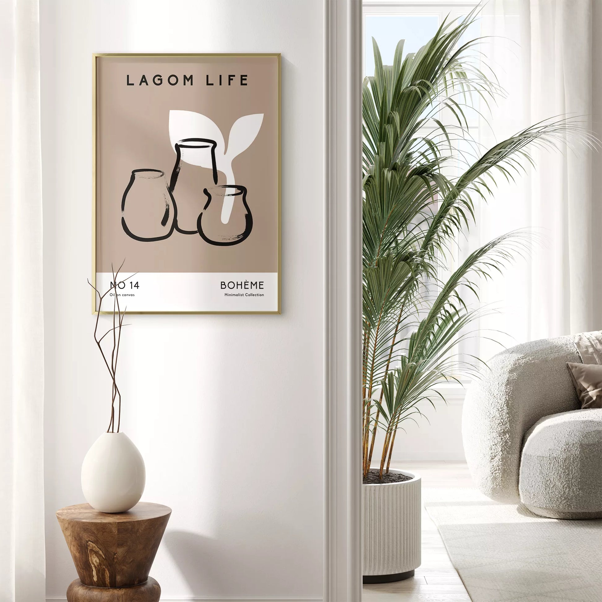 北欧ミニマリスト花瓶ボタニカルアートポスター ベージュ ボヘミアン ジャパンディ