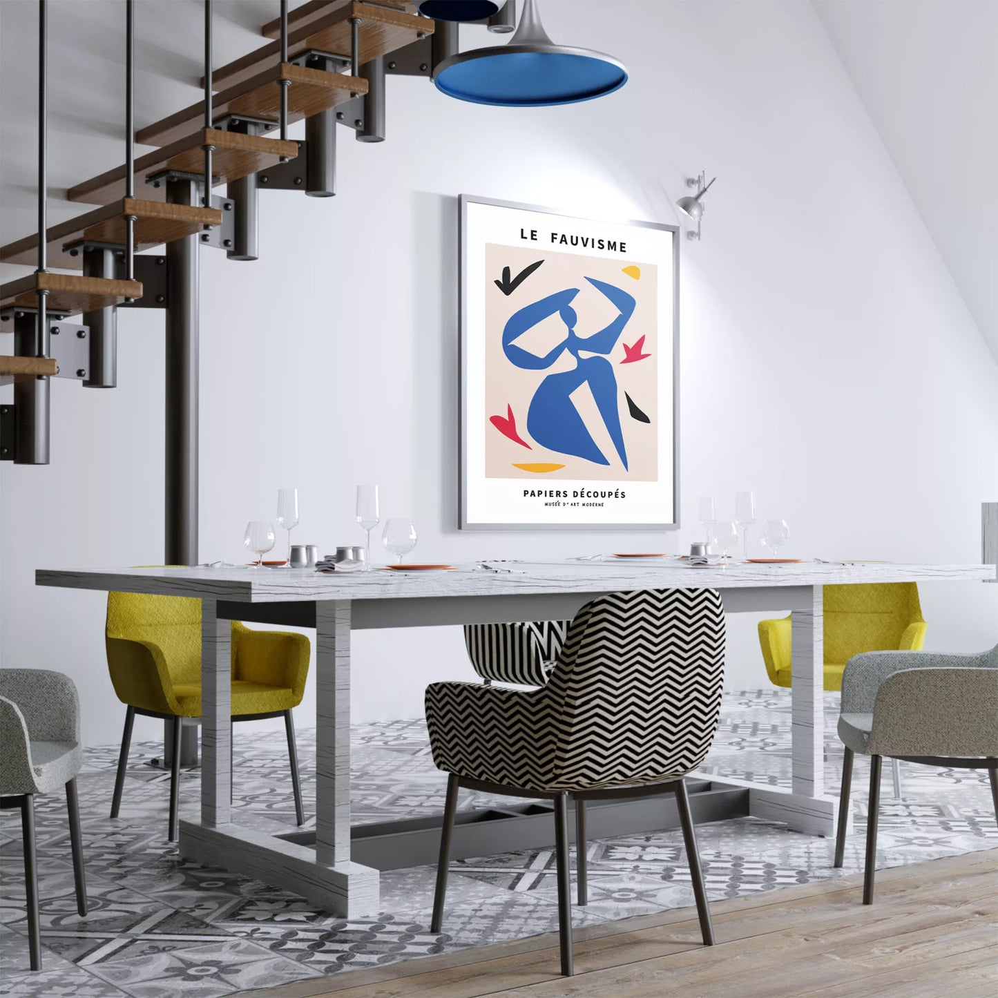 フォービスム様式の青い人物シルエットと赤黄の抽象的な切り絵アート