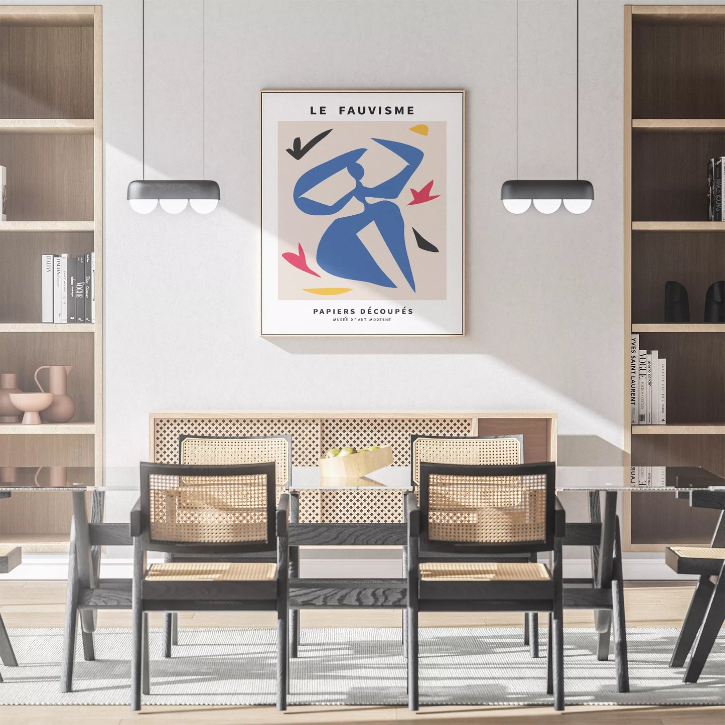 フォービスム様式の青い人物シルエットと赤黄の抽象的な切り絵アート