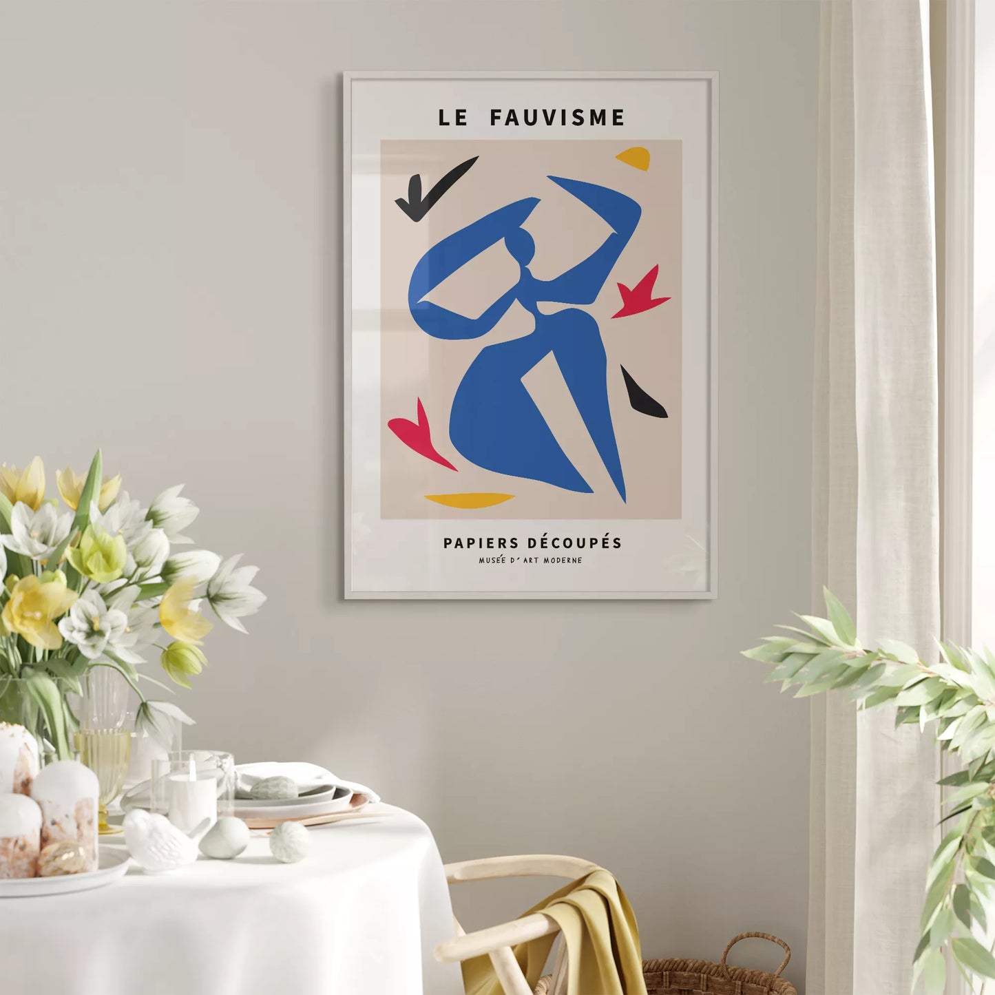 フォービスム様式の青い人物シルエットと赤黄の抽象的な切り絵アート