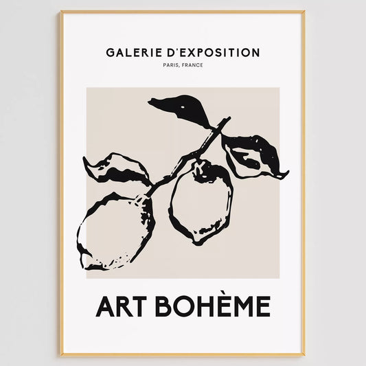 北欧デザインのモノクロレモン枝ボタニカル アートポスター シンプルモダン