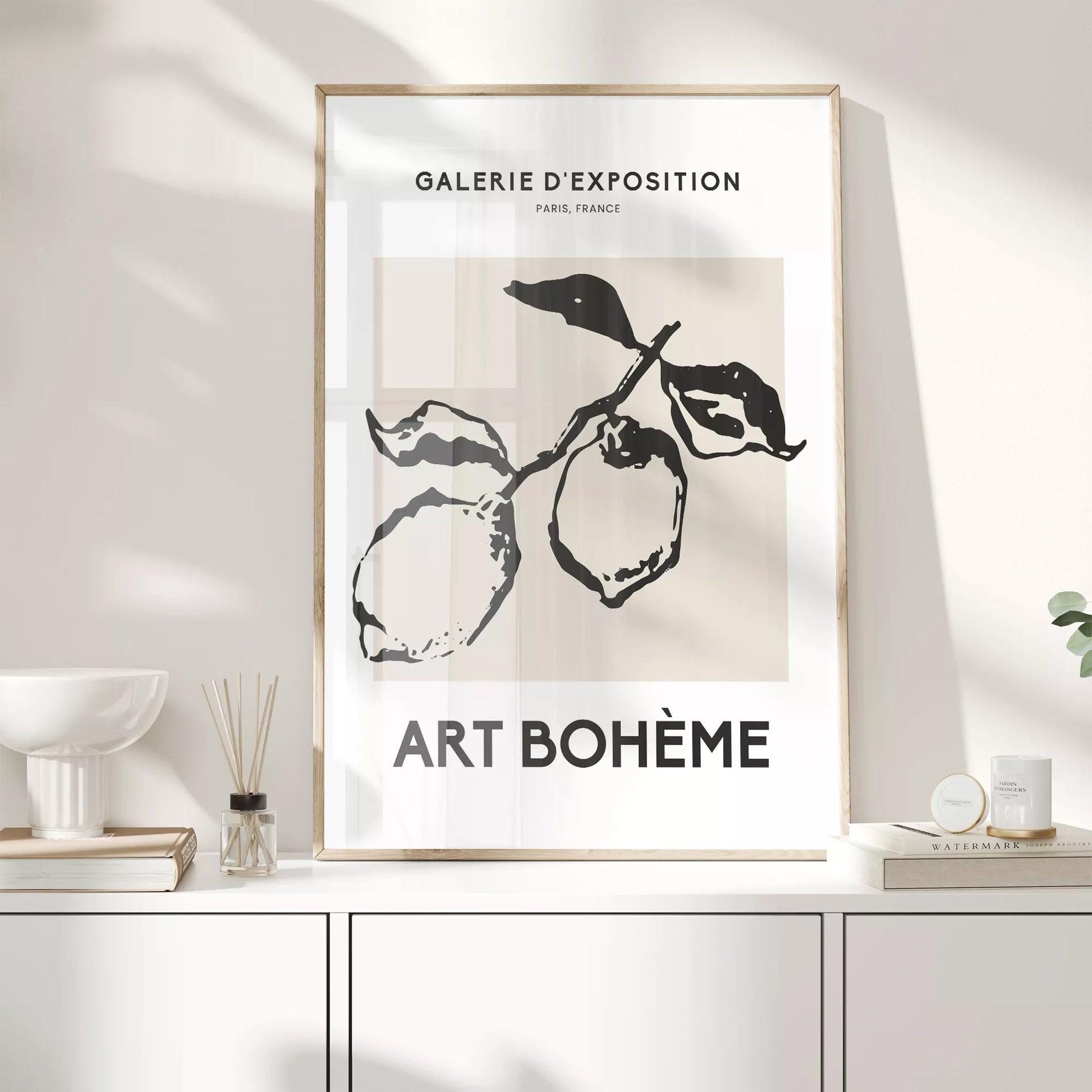 北欧デザインのモノクロレモン枝ボタニカル アートポスター シンプルモダン