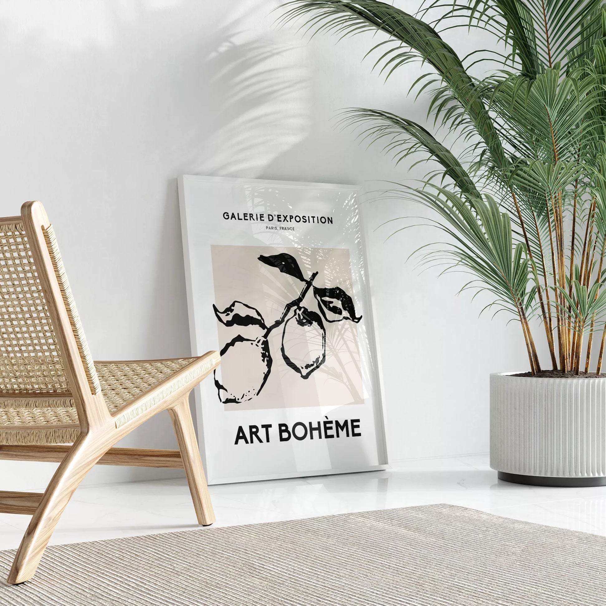 北欧デザインのモノクロレモン枝ボタニカル アートポスター シンプルモダン