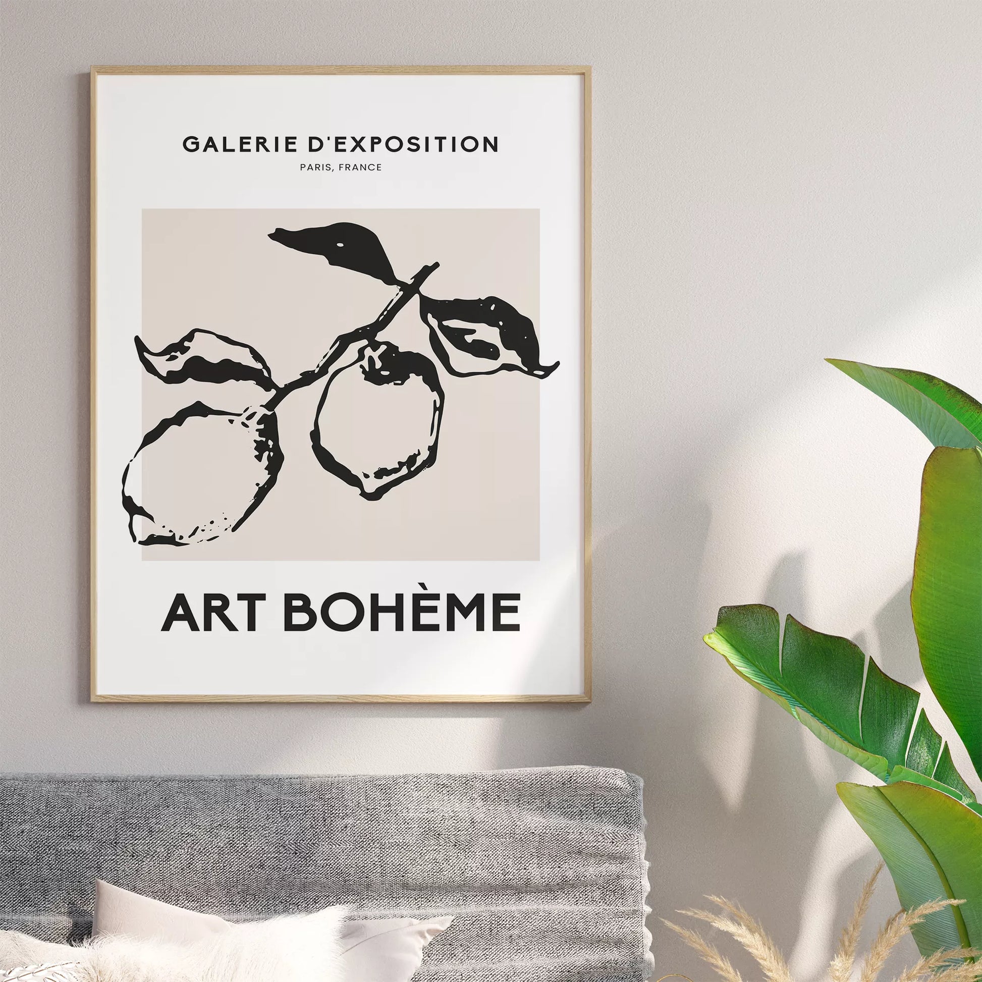 北欧デザインのモノクロレモン枝ボタニカル アートポスター シンプルモダン