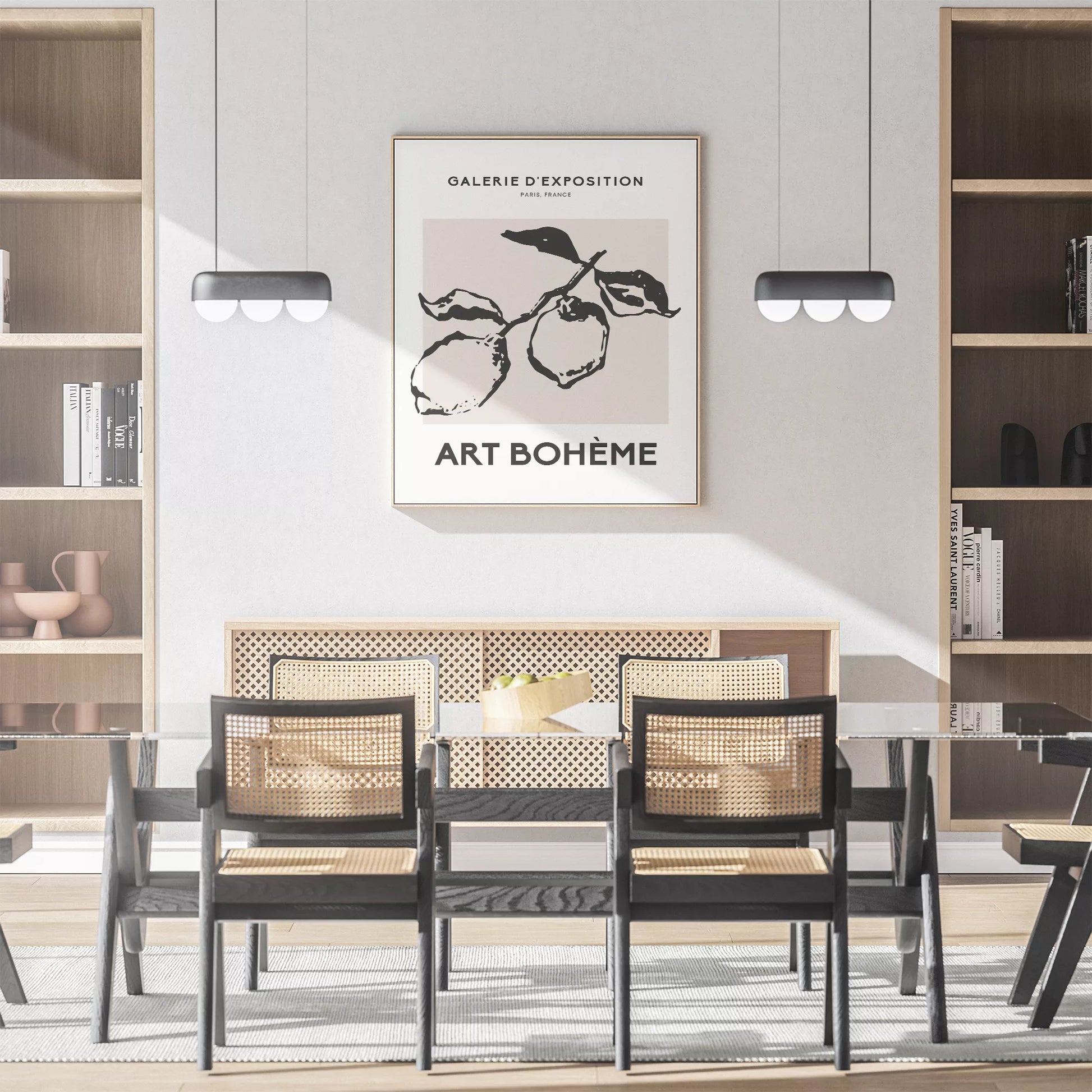 北欧デザインのモノクロレモン枝ボタニカル アートポスター シンプルモダン