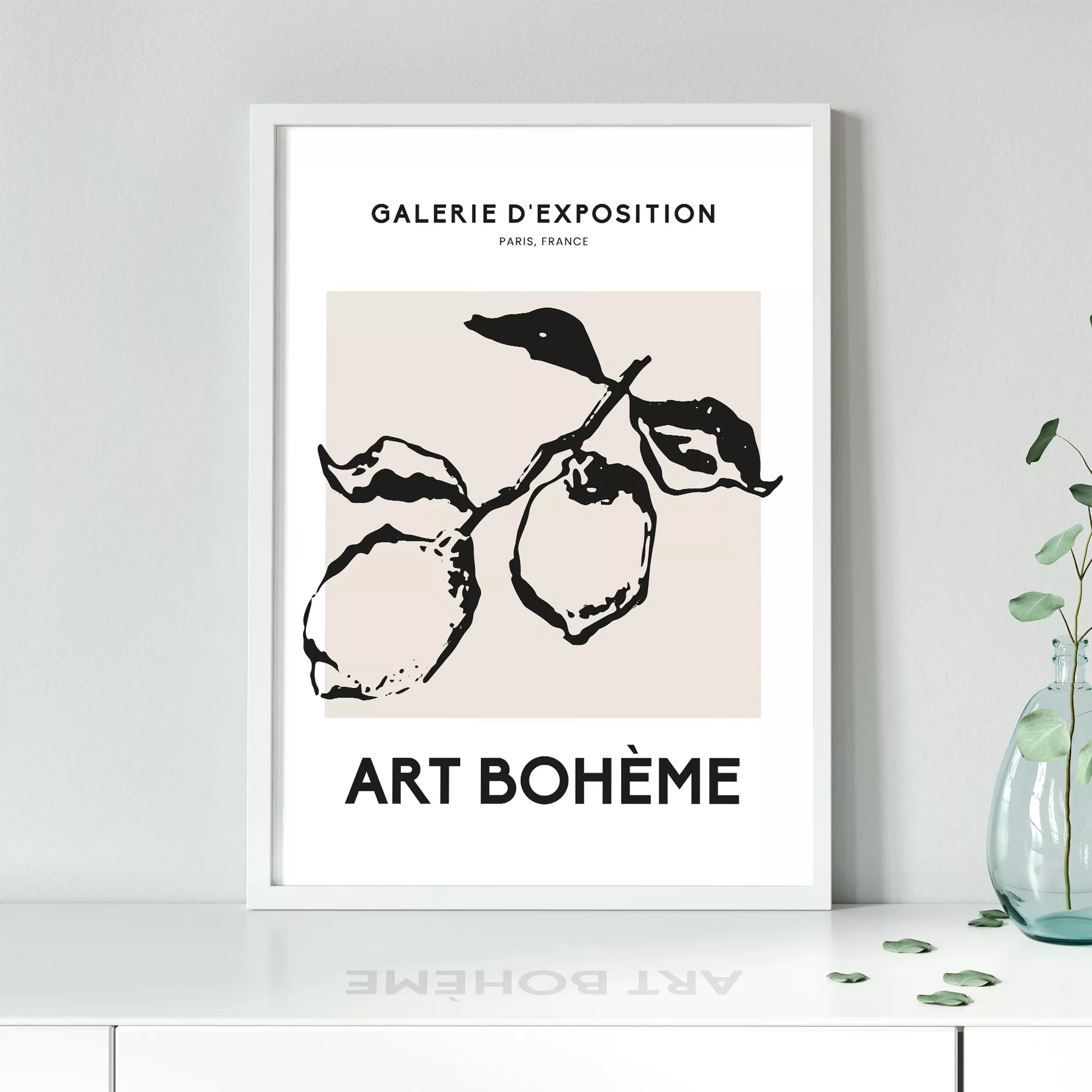 北欧デザインのモノクロレモン枝ボタニカル アートポスター シンプルモダン