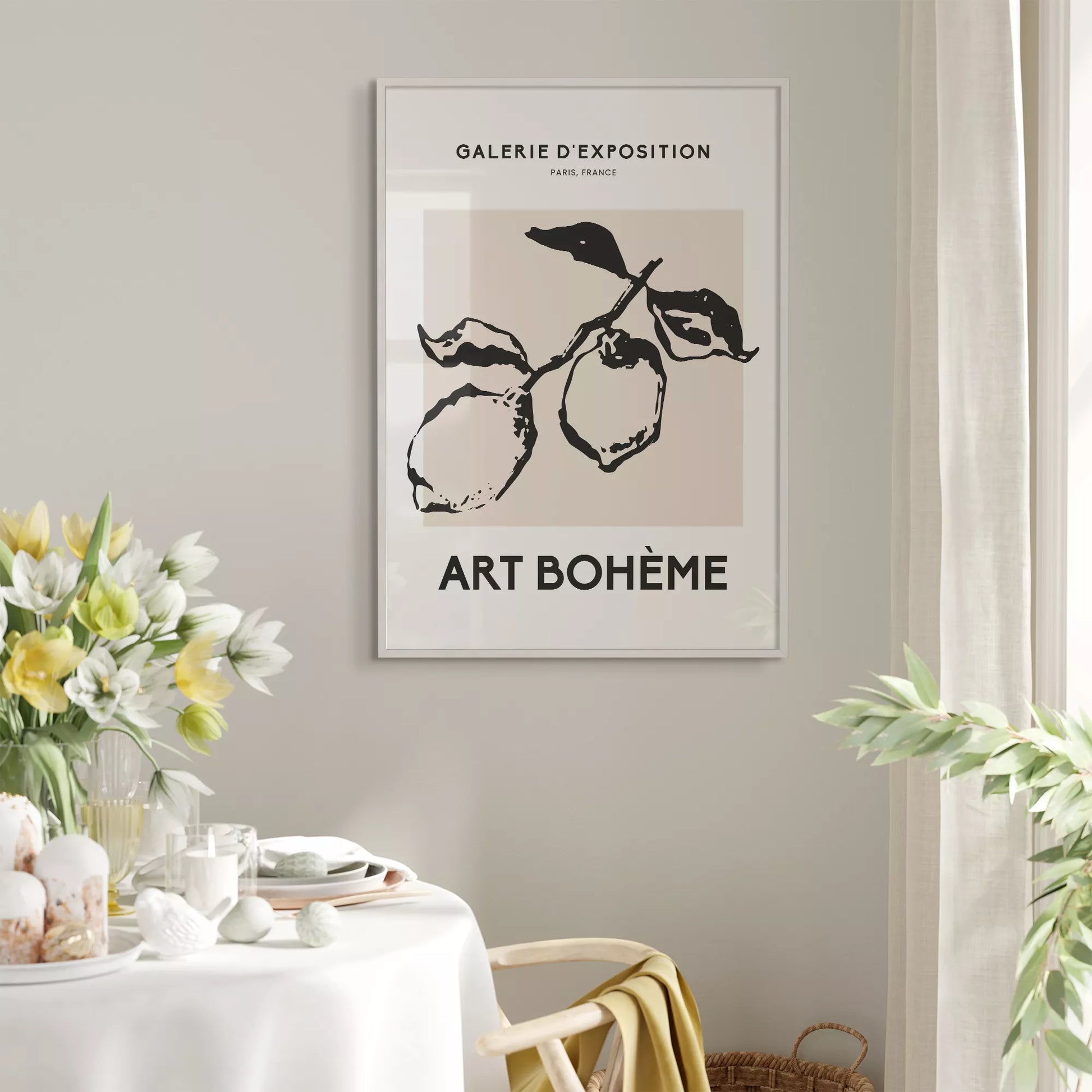 北欧デザインのモノクロレモン枝ボタニカル アートポスター シンプルモダン