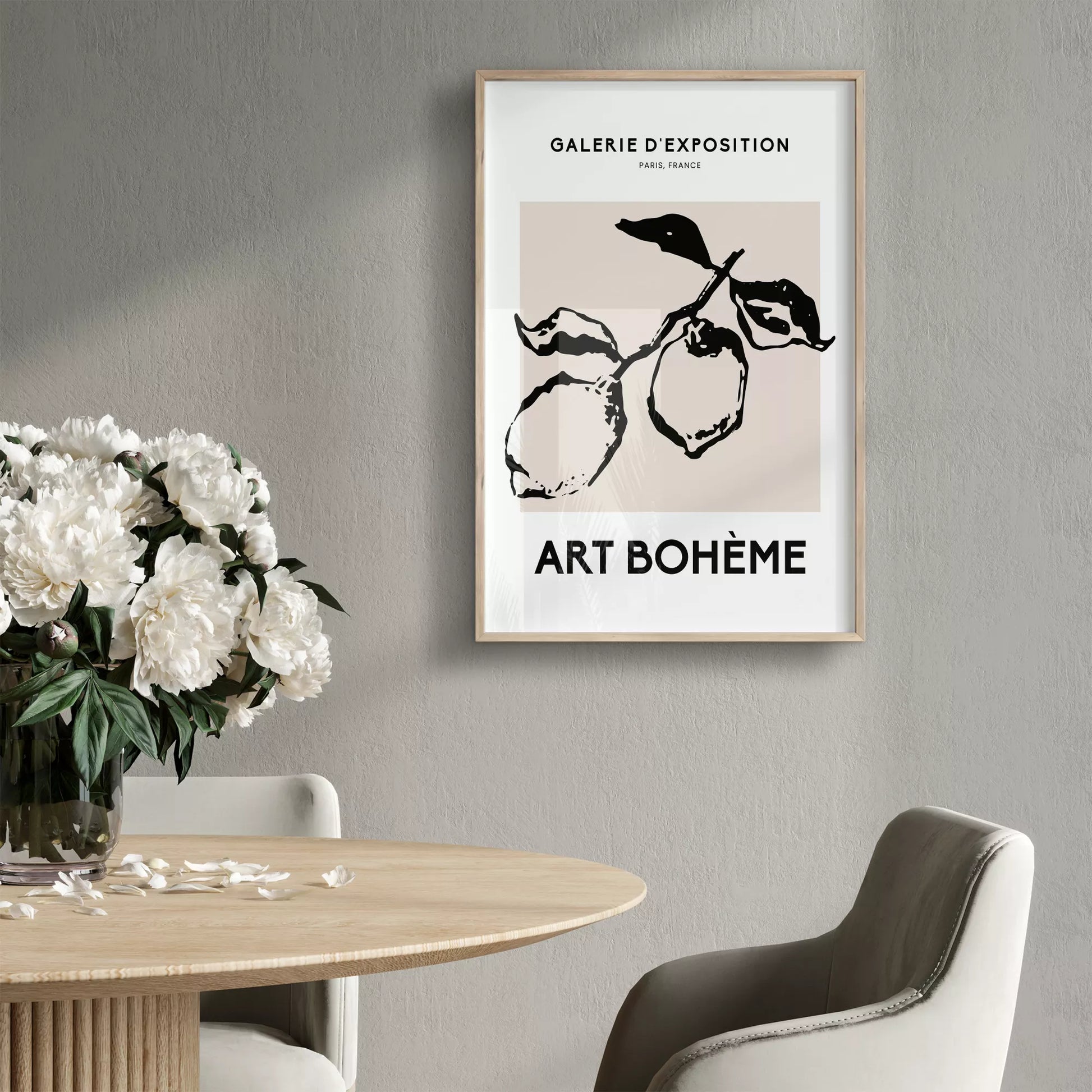 北欧デザインのモノクロレモン枝ボタニカル アートポスター シンプルモダン