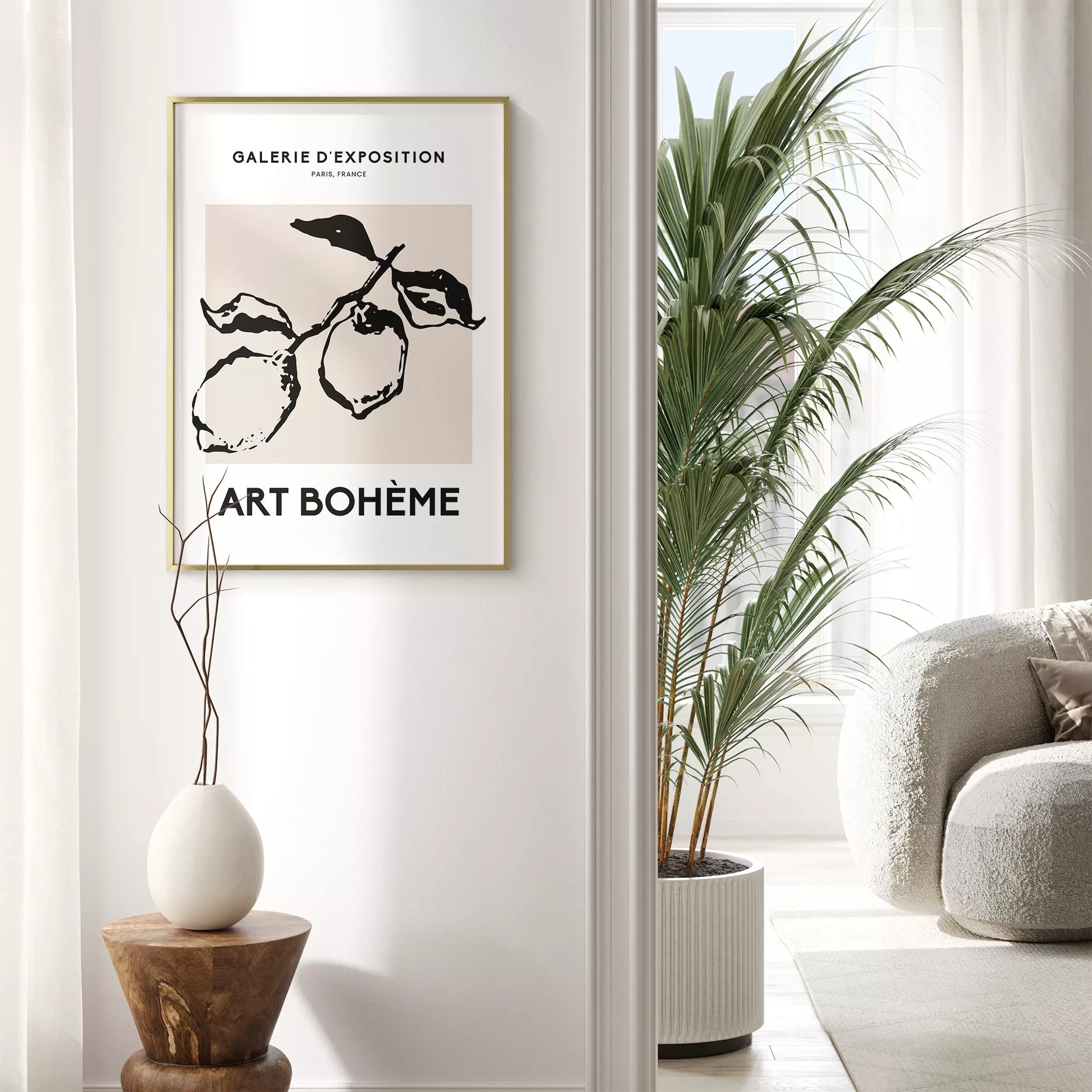 北欧デザインのモノクロレモン枝ボタニカル アートポスター シンプルモダン