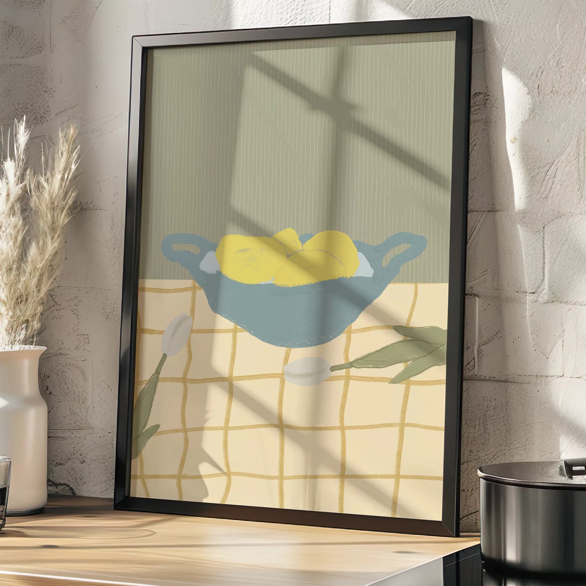 青いボウルに入った黄色いレモンとチューリップのミニマルアート