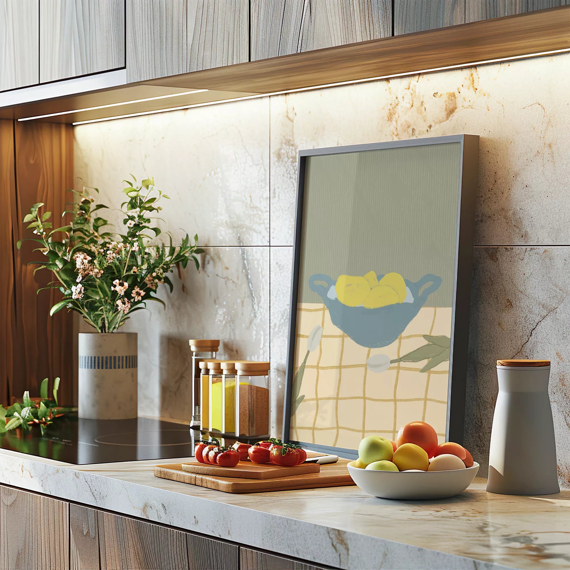 青いボウルに入った黄色いレモンとチューリップのミニマルアート