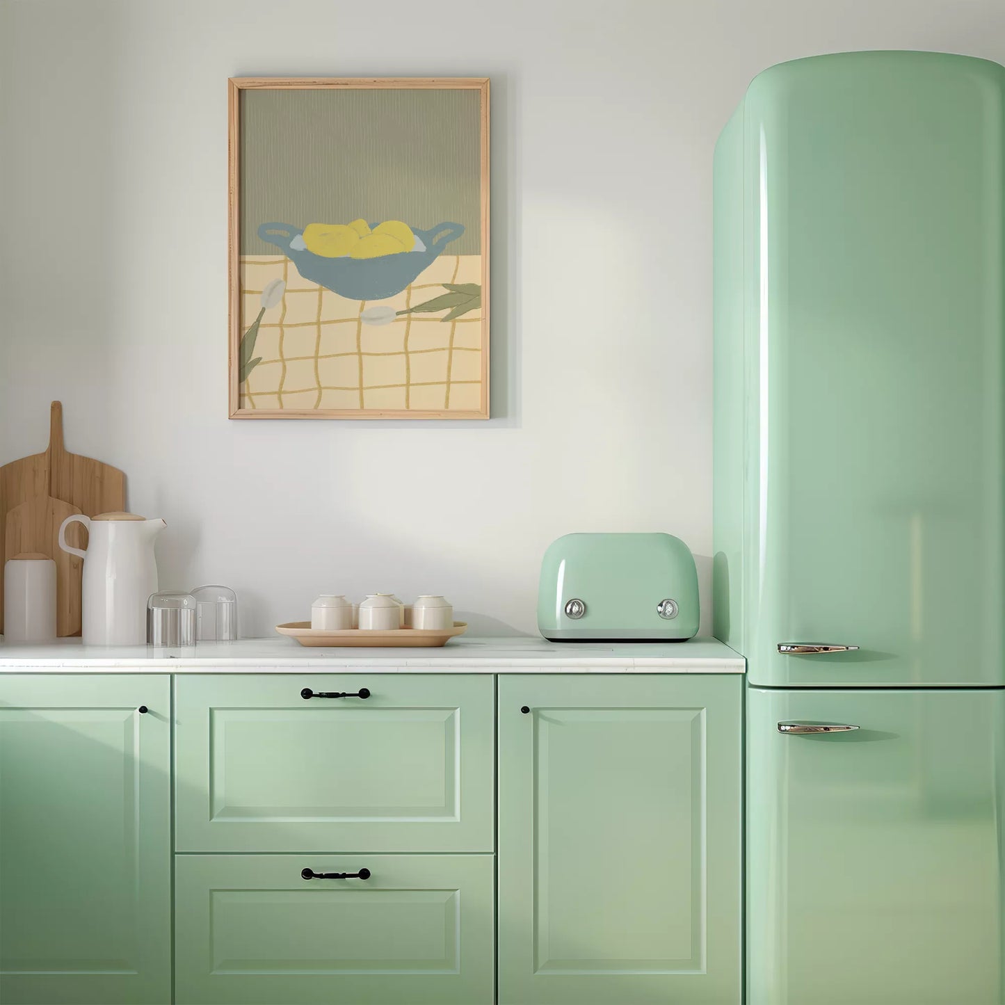 青いボウルに入った黄色いレモンとチューリップのミニマルアート