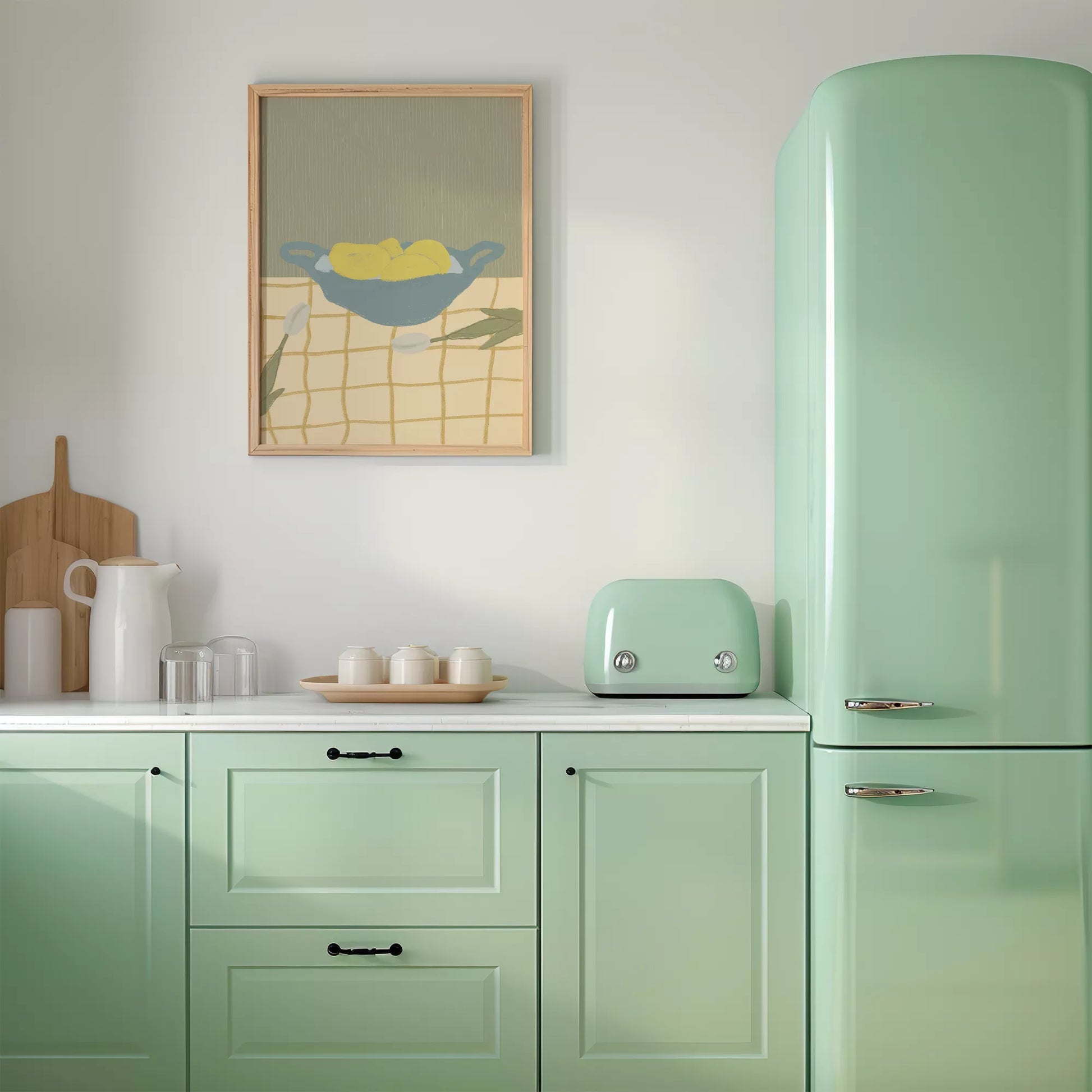 青いボウルに入った黄色いレモンとチューリップのミニマルアート