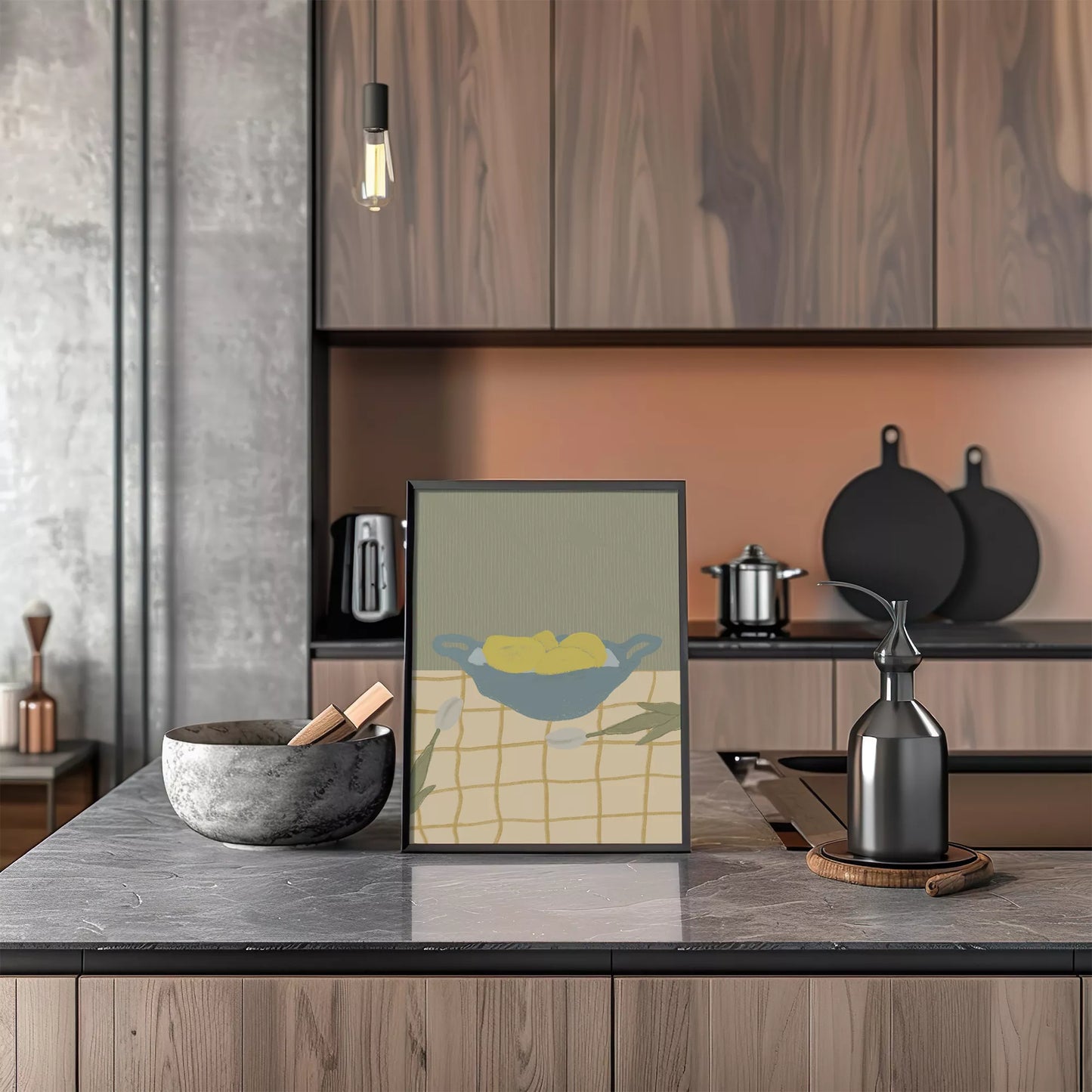 青いボウルに入った黄色いレモンとチューリップのミニマルアート