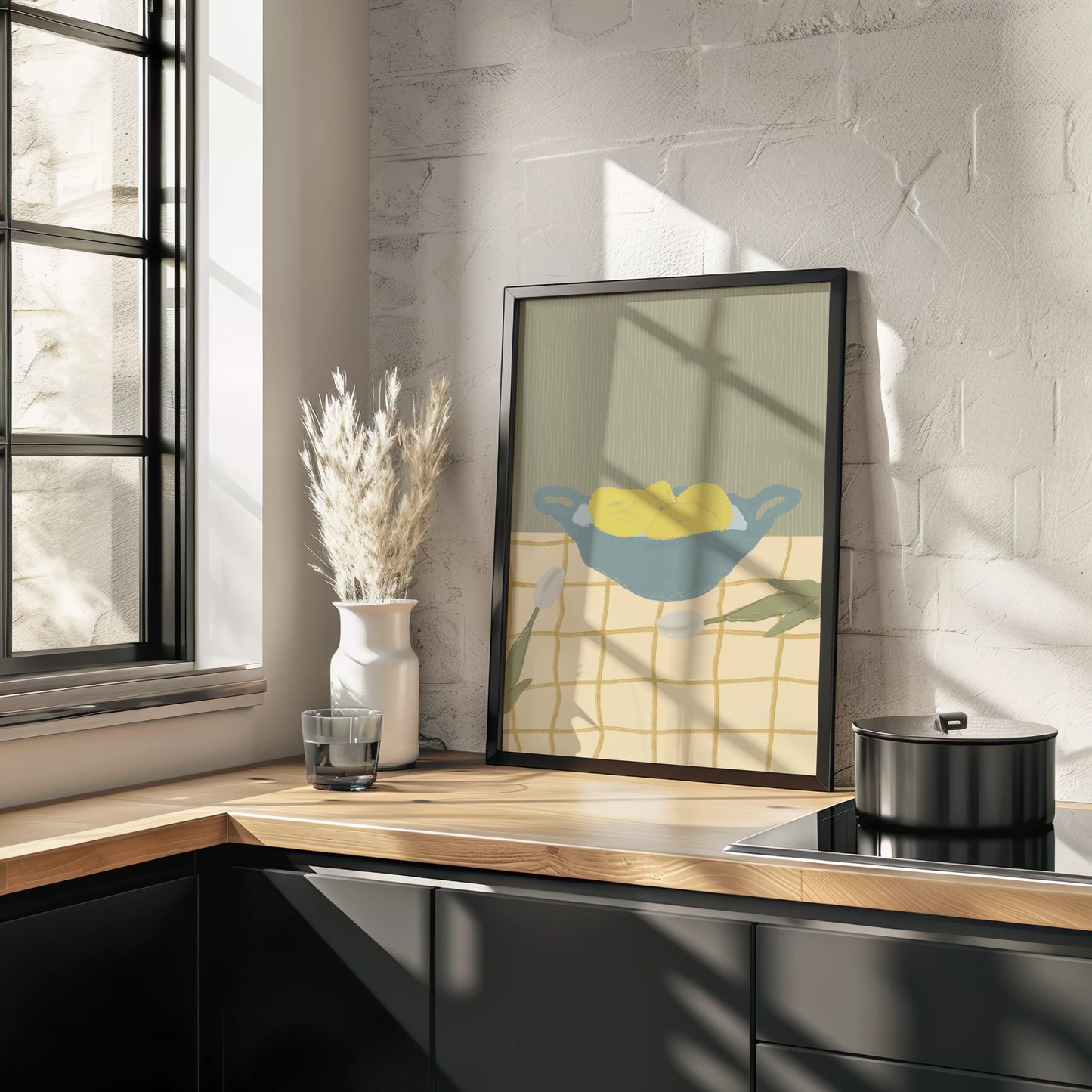 青いボウルに入った黄色いレモンとチューリップのミニマルアート