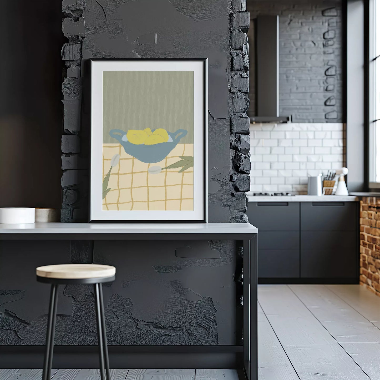 青いボウルに入った黄色いレモンとチューリップのミニマルアート