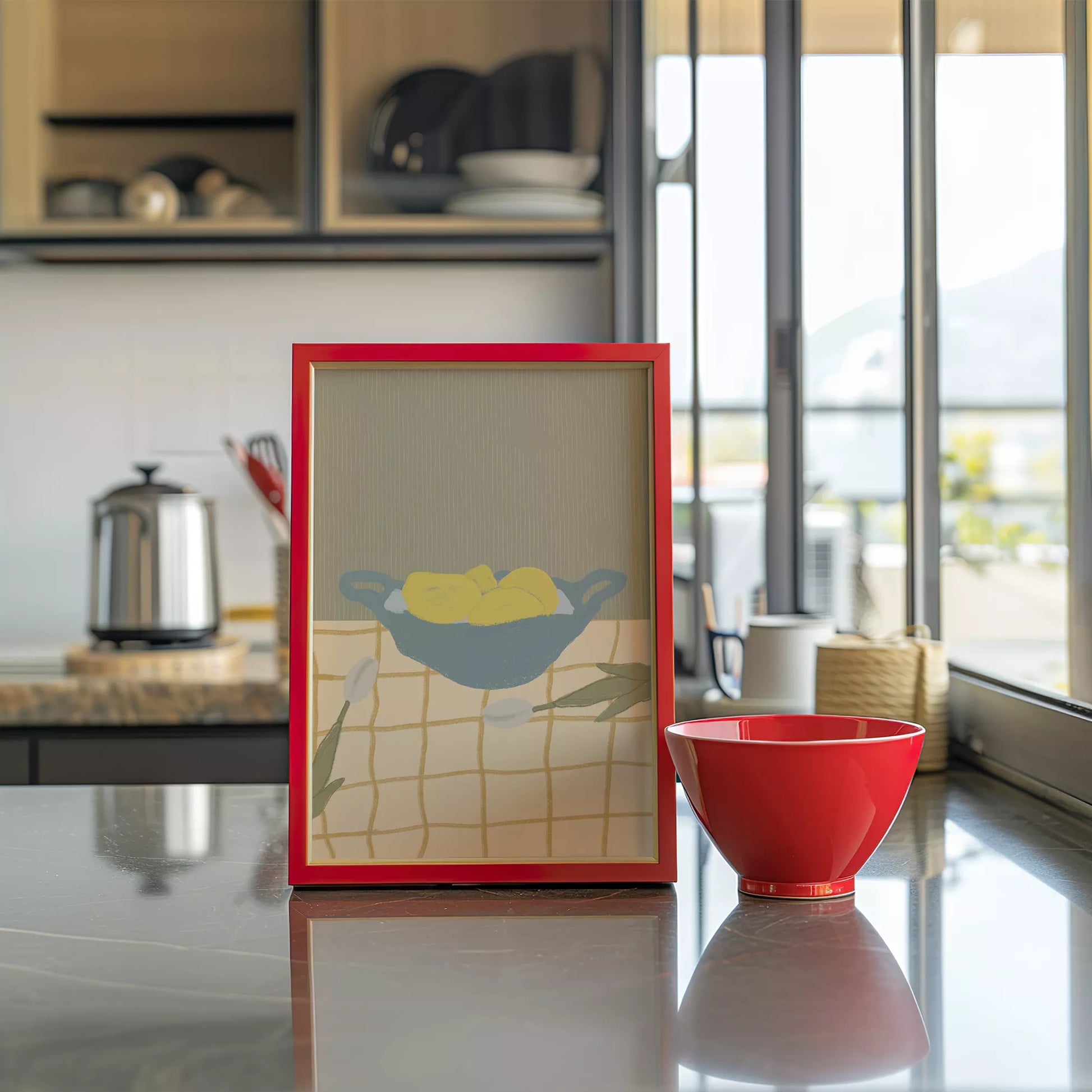 青いボウルに入った黄色いレモンとチューリップのミニマルアート