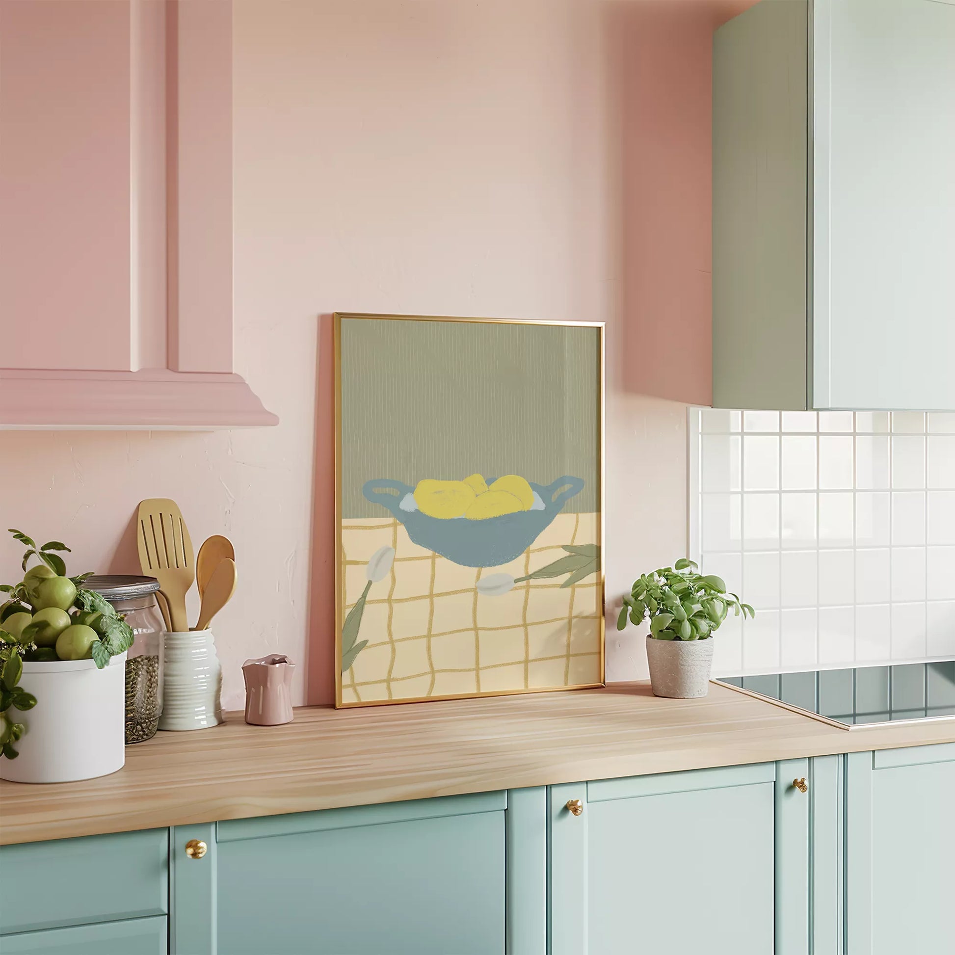 青いボウルに入った黄色いレモンとチューリップのミニマルアート