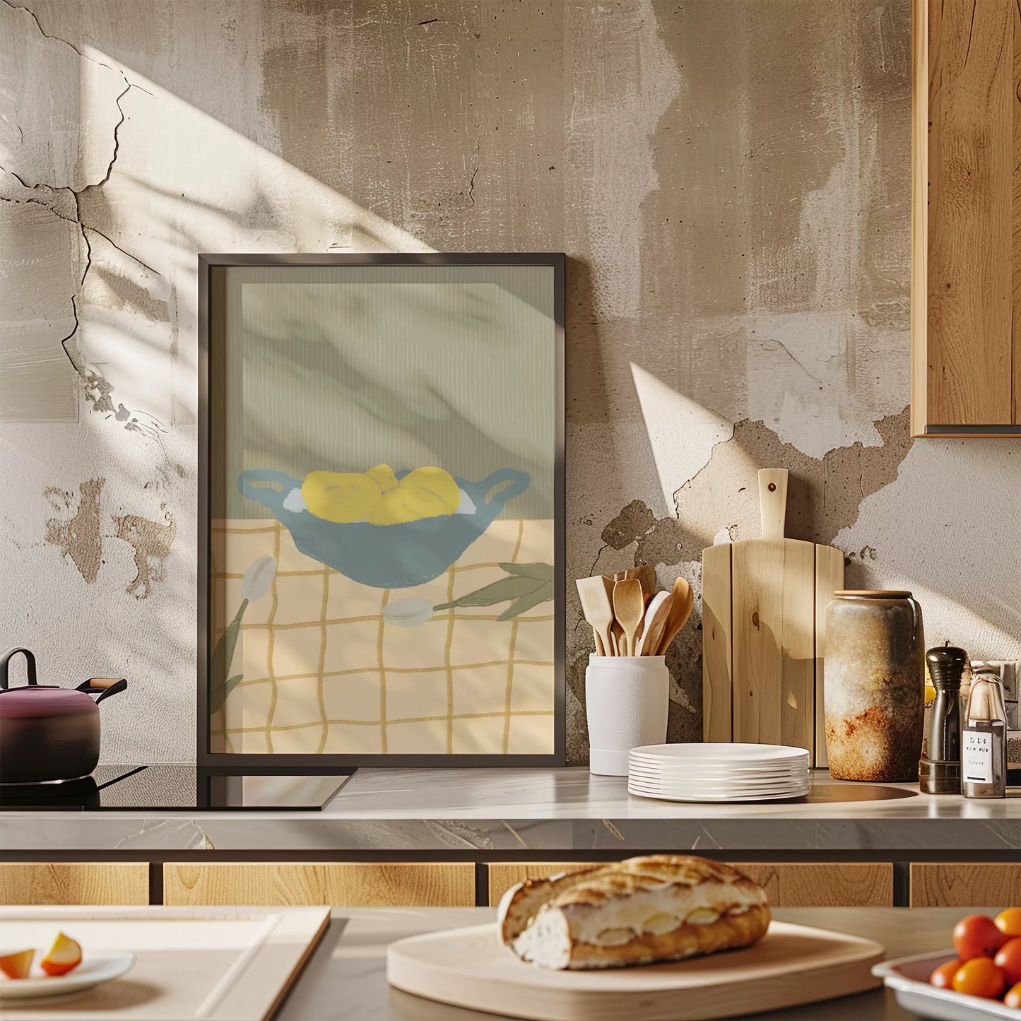 青いボウルに入った黄色いレモンとチューリップのミニマルアート