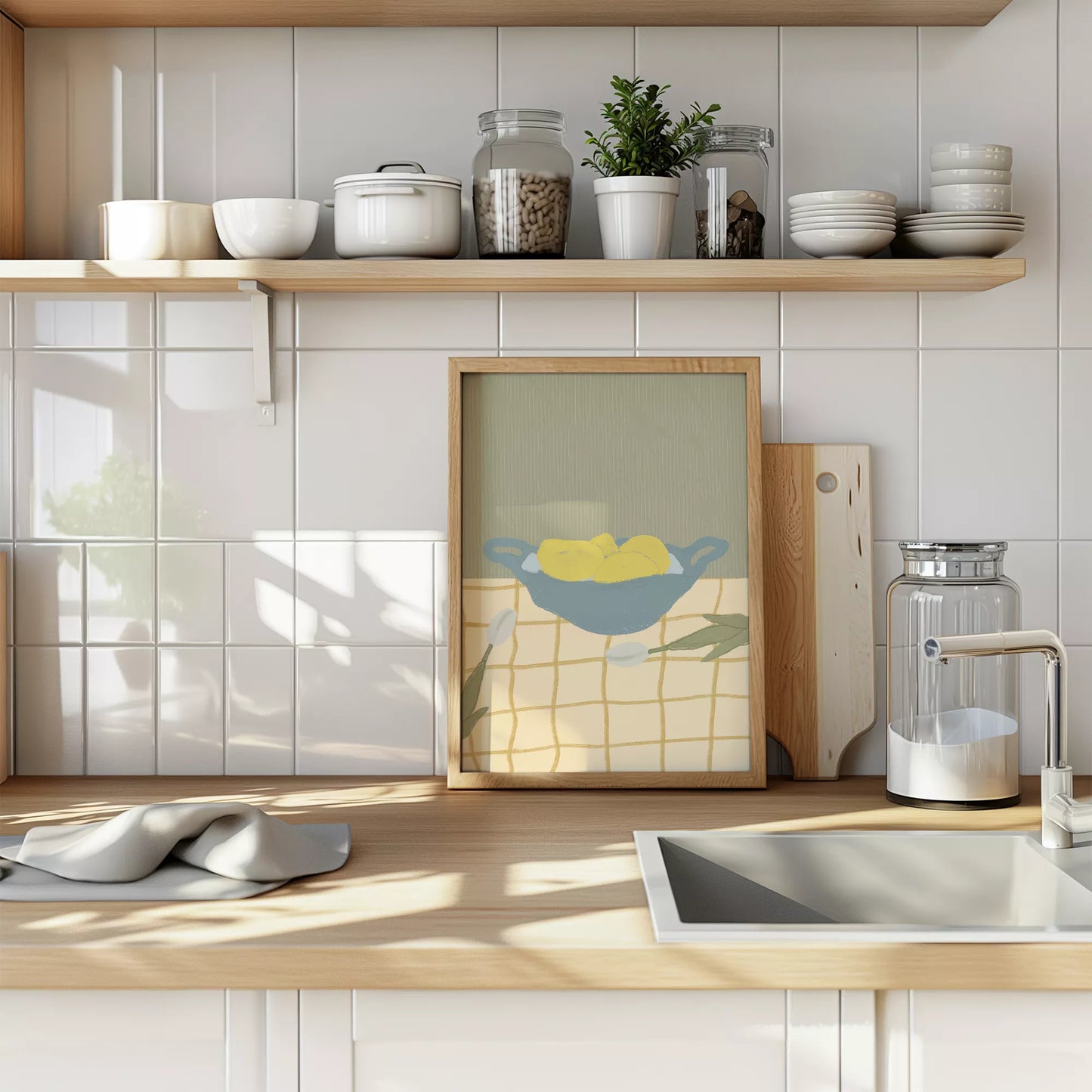 青いボウルに入った黄色いレモンとチューリップのミニマルアート