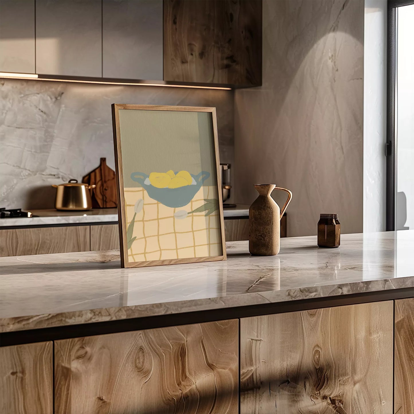 青いボウルに入った黄色いレモンとチューリップのミニマルアート