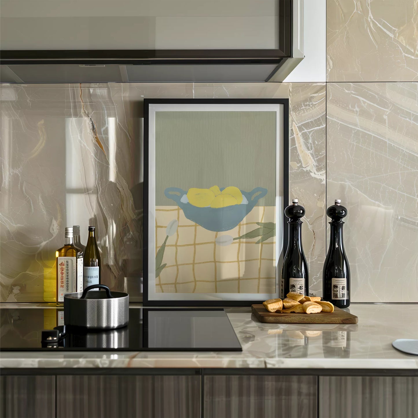 青いボウルに入った黄色いレモンとチューリップのミニマルアート